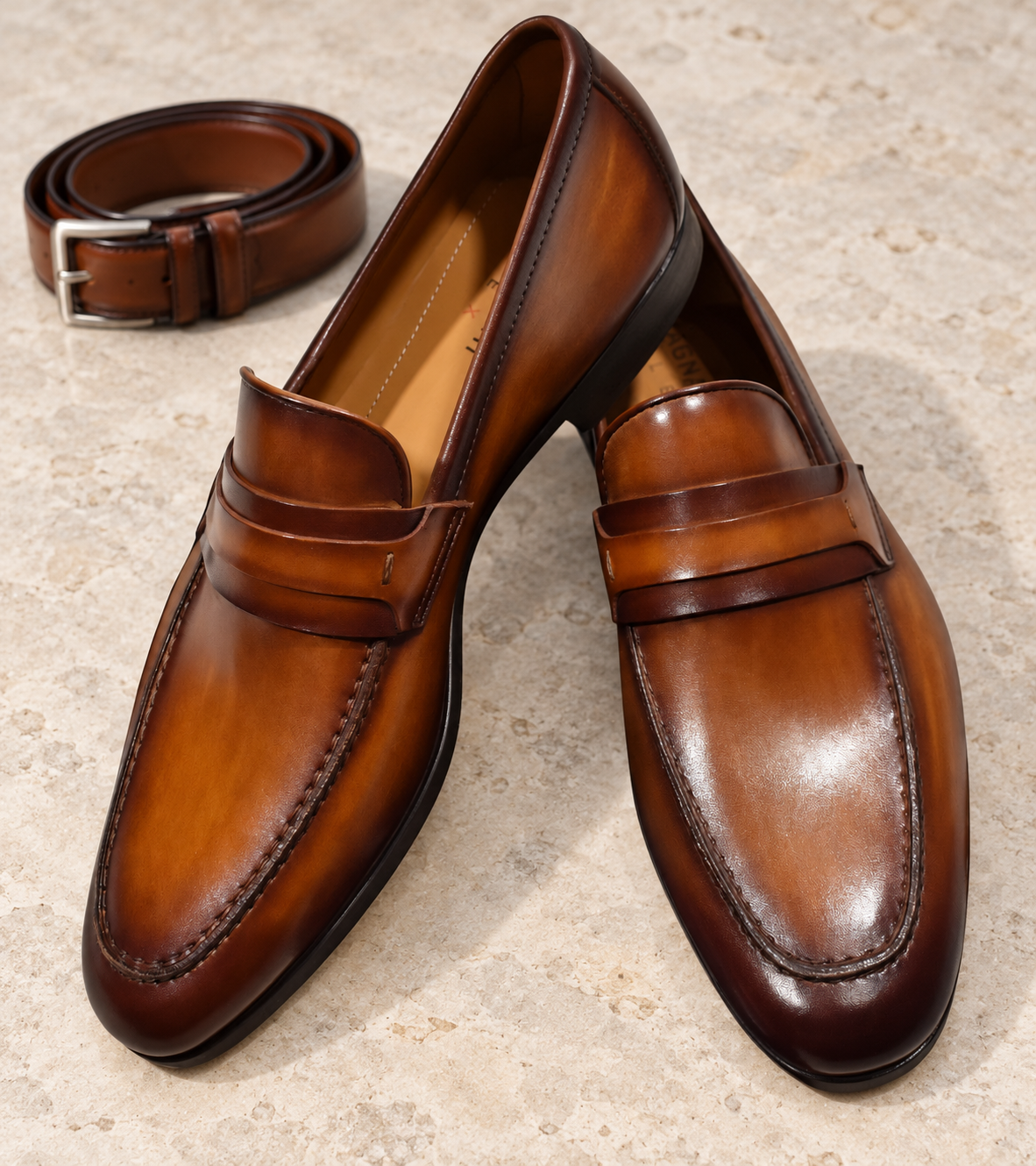 Magnanni Daniel Cuero Brown burnished leather loafers on pale stone beside a brown leather belt.