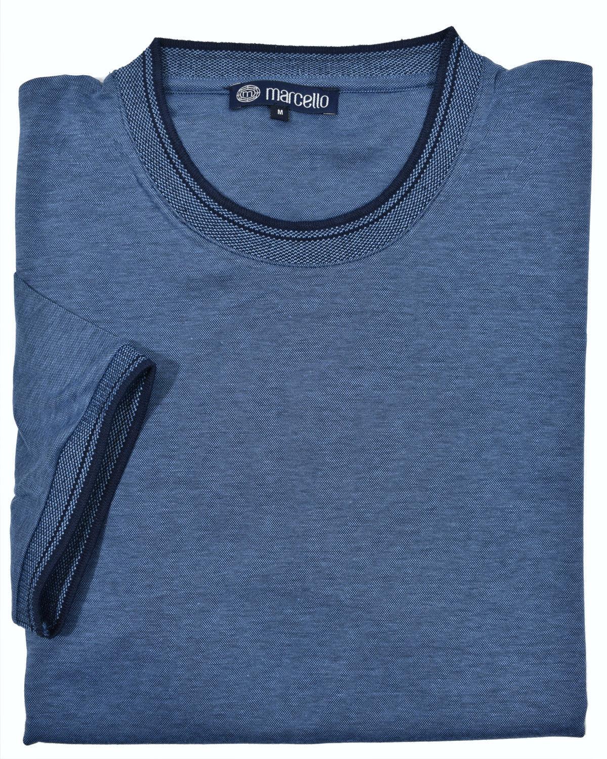 Luxurious and soft royal oxford fabric is soft to the touch and elegant.  Add in inset contrast fabric at the neck, cuff and gusset for a perfect sport tee.  Cotton and lycra comfort.  Classic fit.  Colors: Indigo, Sky, White  Amalfi Sport Fashion Crew Neck