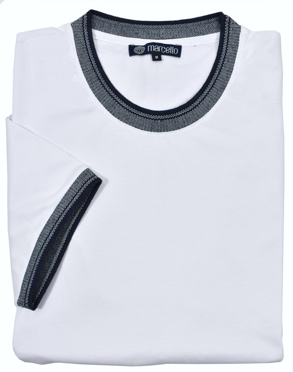 Luxurious and soft royal oxford fabric is soft to the touch and elegant.  Add in inset contrast fabric at the neck, cuff and gusset for a perfect sport tee.  Cotton and lycra comfort.  Classic fit.  Colors: Indigo, Sky, White  Amalfi Sport Fashion Crew Neck