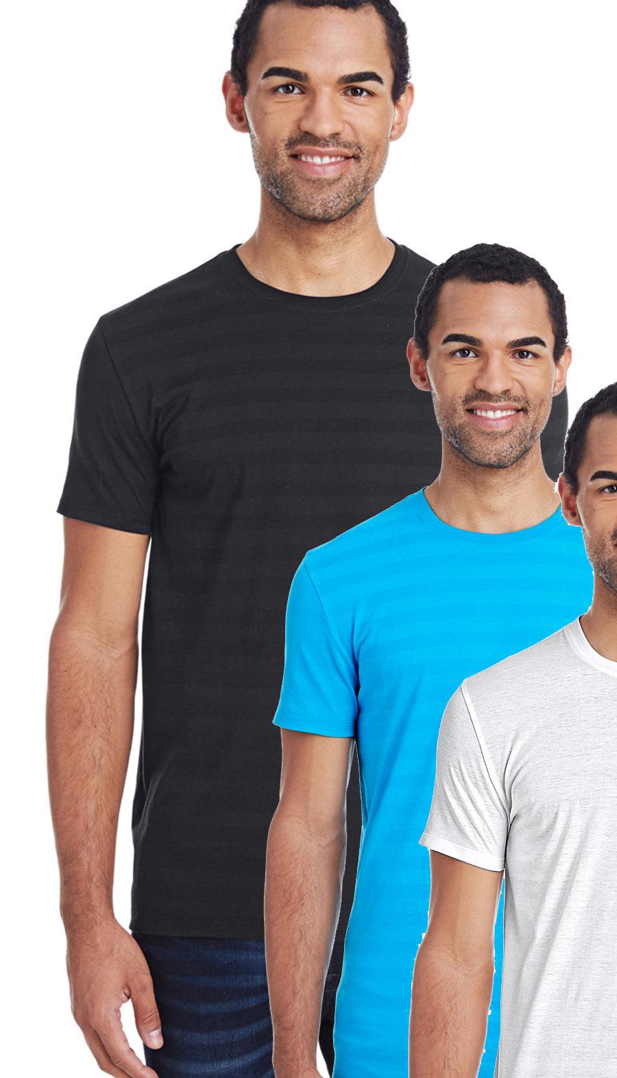 New to our classic tee collection, this soft cotton shirt features a subtle horizontal jacquard finish to add a touch of fashion to the everyday tee.  Soft, lux cotton mixed with microfiber fabric. Easy care. Subtle horizontal stripe jacquard detail. Classic fit.  By Marcello Sport