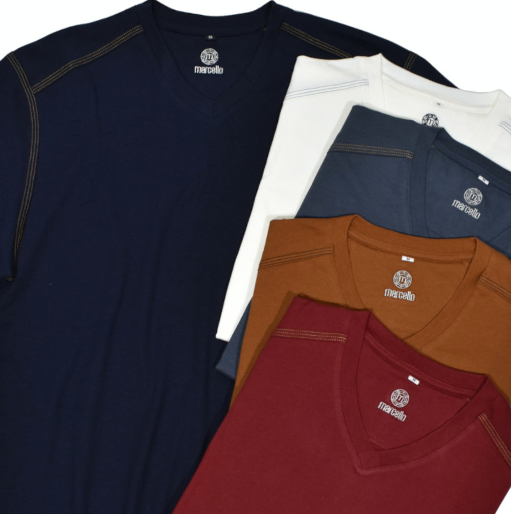 Marcello extra fine Pima cotton V Necks feel like the finest cotton around. The silk like feel wears well, feels great and portrays a rich image. The V is perfect as it sits just below your neck.  Double track contrast stitch detailing along the shoulder, armhole and shoulder blades for a cool, contemporary image.