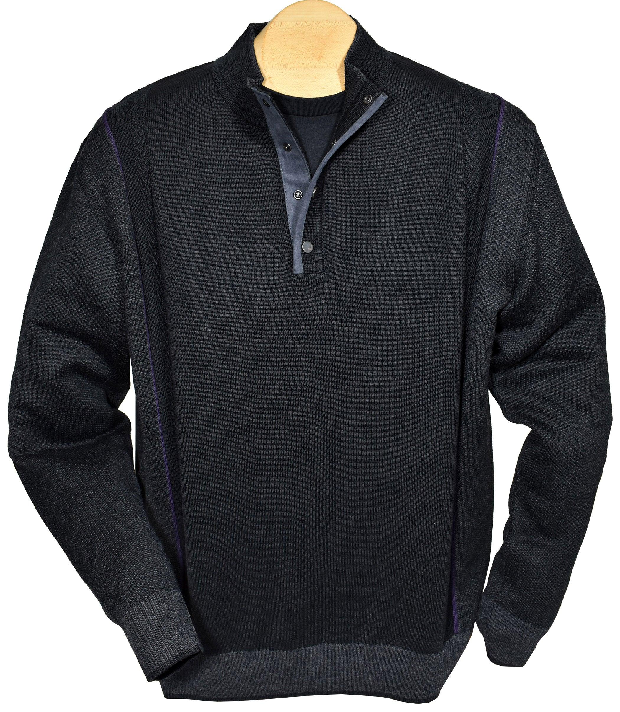 Change up your typical zip mock look with this Brady button mock. Updated style and ultra suede trim detailing create an excellent knit sweater. Extra fine merino wool blend. Button mock neck line with ultra suede trim. Vertical stitch detailing and contrast color add style. Classic ribbed cuffs and waist band. Classic fit.