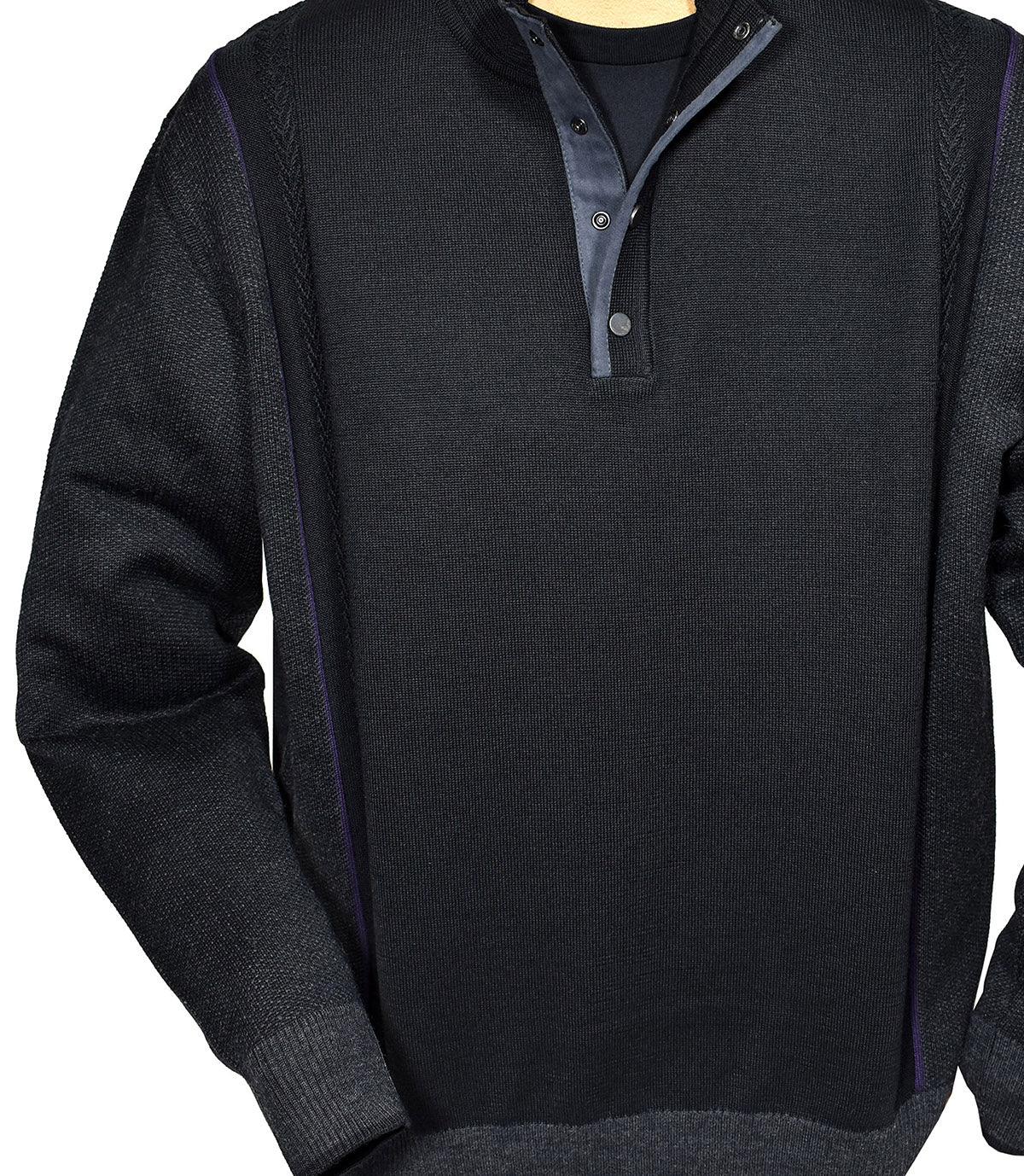 Change up your typical zip mock look with this Brady button mock. Updated style and ultra suede trim detailing create an excellent knit sweater. Finely knitted Italian merino wool. Light to medium weight. Cool button mock enclosure with suede accent trim. Classic fit. Banded bottom and cuffs.