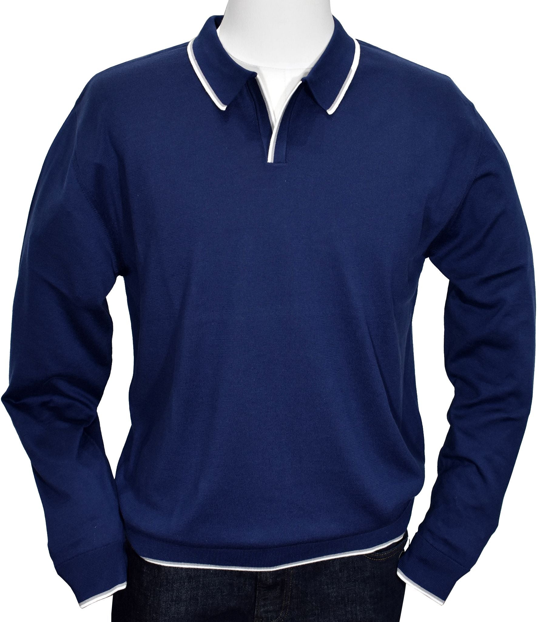 Start with the finest cotton blended yarn and knit it in a high gauge for a superior comfort feeling and light weight.  The open polo collar looks great on and makes an updated fashion statement.   The fine cotton is very light weight and soft, with an excellent hand feeling.  Classic cuffs and waist band, classic fit.   Colors: Indigo, Navy, Red