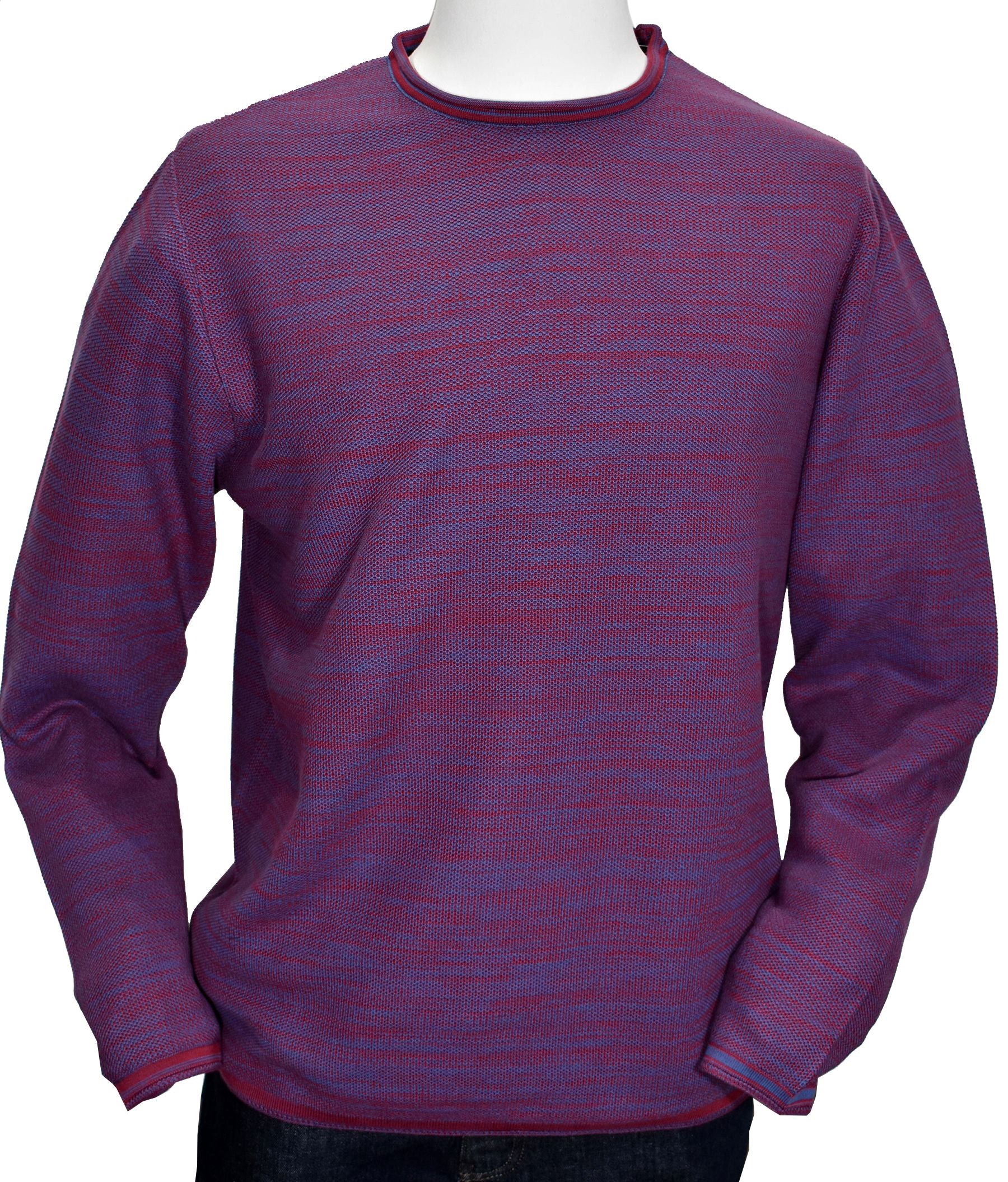 Similar styling to a classic fisherman knit, but half the weight, featuring soft Italian cotton yarns, and accent colorations mixed throughout.  The textured look is crafted by mixing two yarns together twisted for a random effect.  Trend rolled collar, cuffs and tubular straight waist band for an updated image.   Soft Italian cotton yarns, light to medium weight.  Classic fit.  Berry color, by Marcello Sport