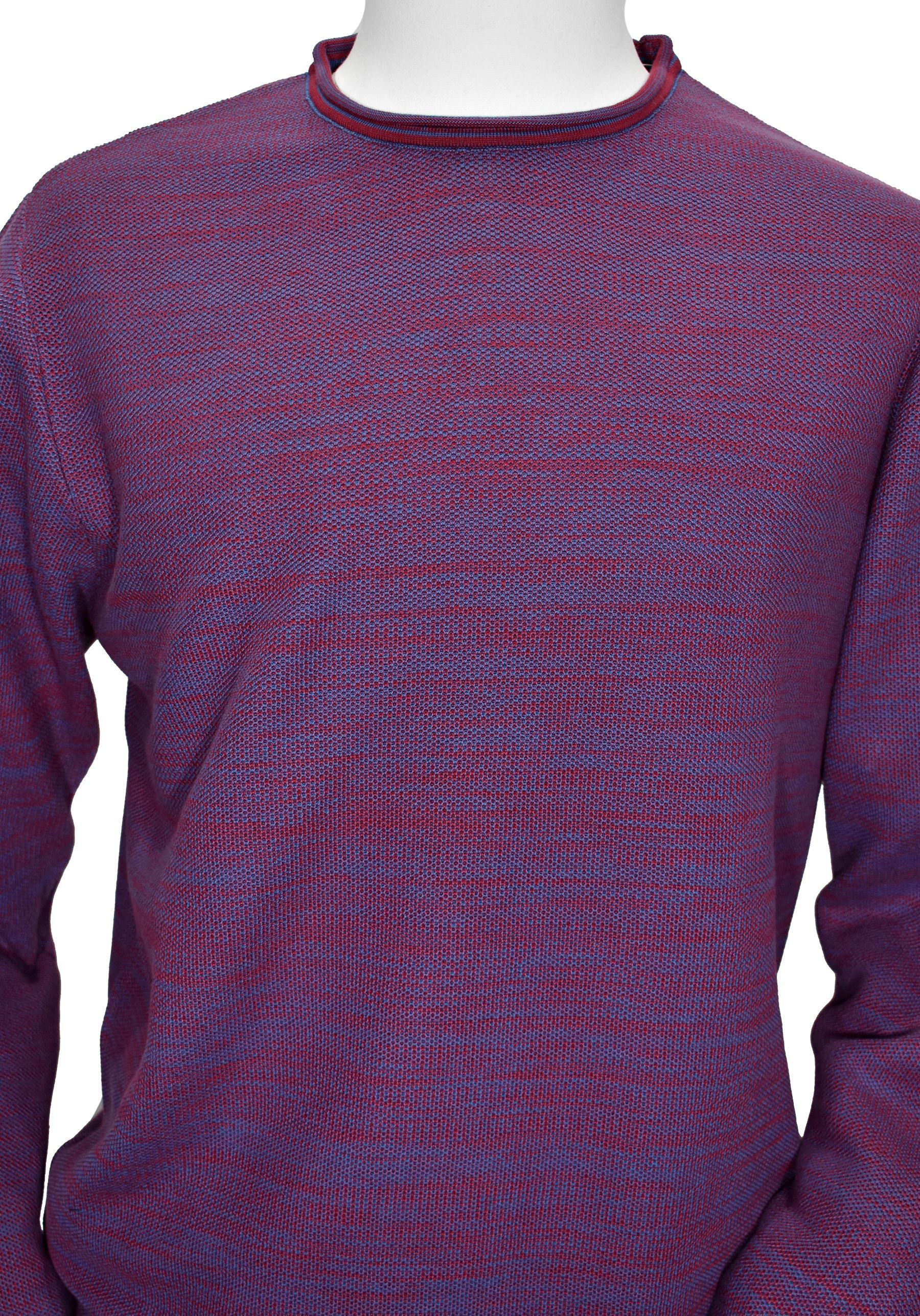 Similar styling to a classic fisherman knit, but half the weight, featuring soft Italian cotton yarns, and accent colorations mixed throughout.  The textured look is crafted by mixing two yarns together twisted for a random effect.  Trend rolled collar, cuffs and tubular straight waist band for an updated image.   Soft Italian cotton yarns, light to medium weight.  Classic fit.  Berry color, by Marcello Sport