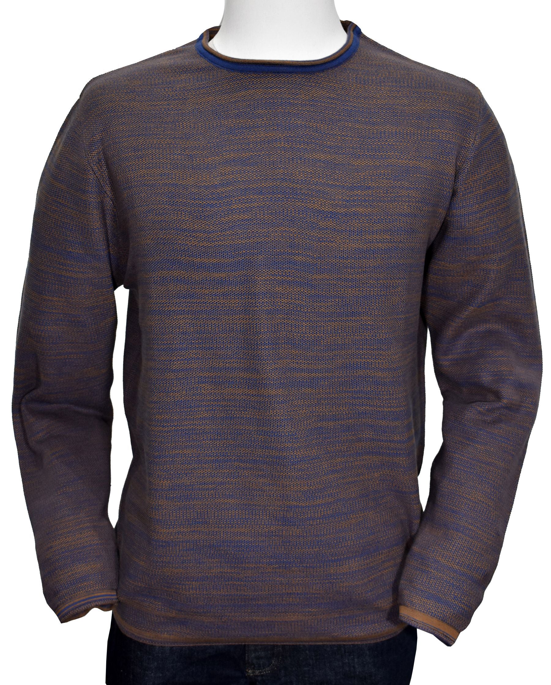 Similar styling to a classic fisherman knit, but half the weight, featuring soft Italian cotton yarns, and accent colorations mixed throughout.  The textured look is crafted by mixing two yarns together twisted for a random effect.  Trend rolled collar, cuffs and tubular straight waist band for an updated image.   Soft Italian cotton yarns, light to medium weight.  Classic fit.  Mocha color by Marcello Sport