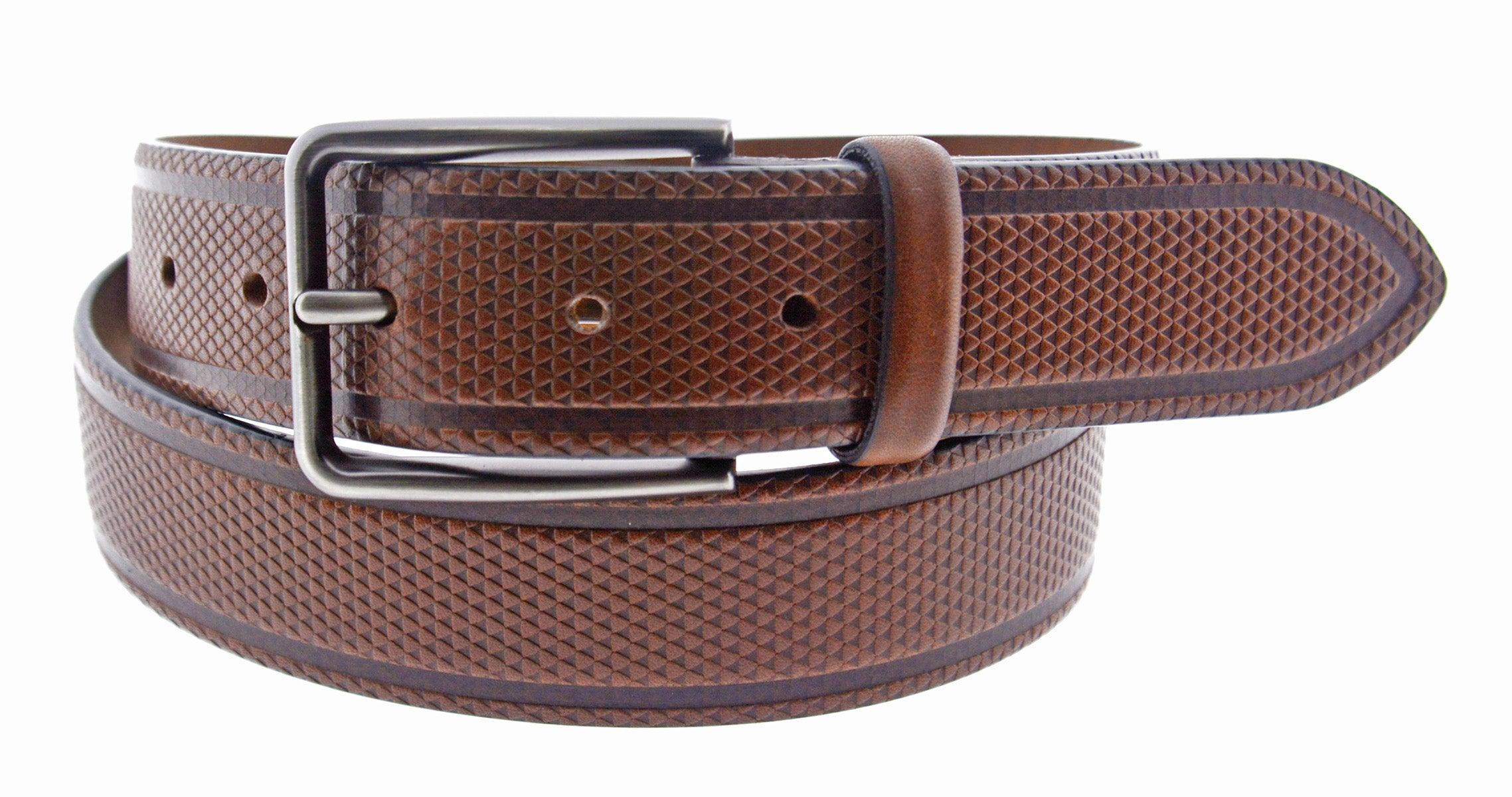 Choose this traditional cognac colored leather with updated style.  Perfect with jeans or pants in either a casual or dress setting.  Soft leather. Stamped circle and line pattern enhance the image. Brushed metal buckle. Sizes 30-44