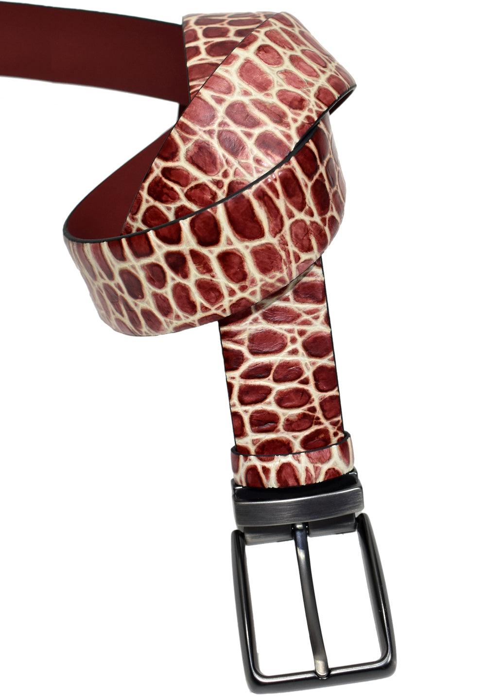 Imagine how good you will look in your favorite jeans sporting this red, stamped leather belt. Soft leather strap. Brushed nickel buckle. Classic gator pattern stamped on leather with red shading. Sizes 32-44 Belt by Marcello Sport