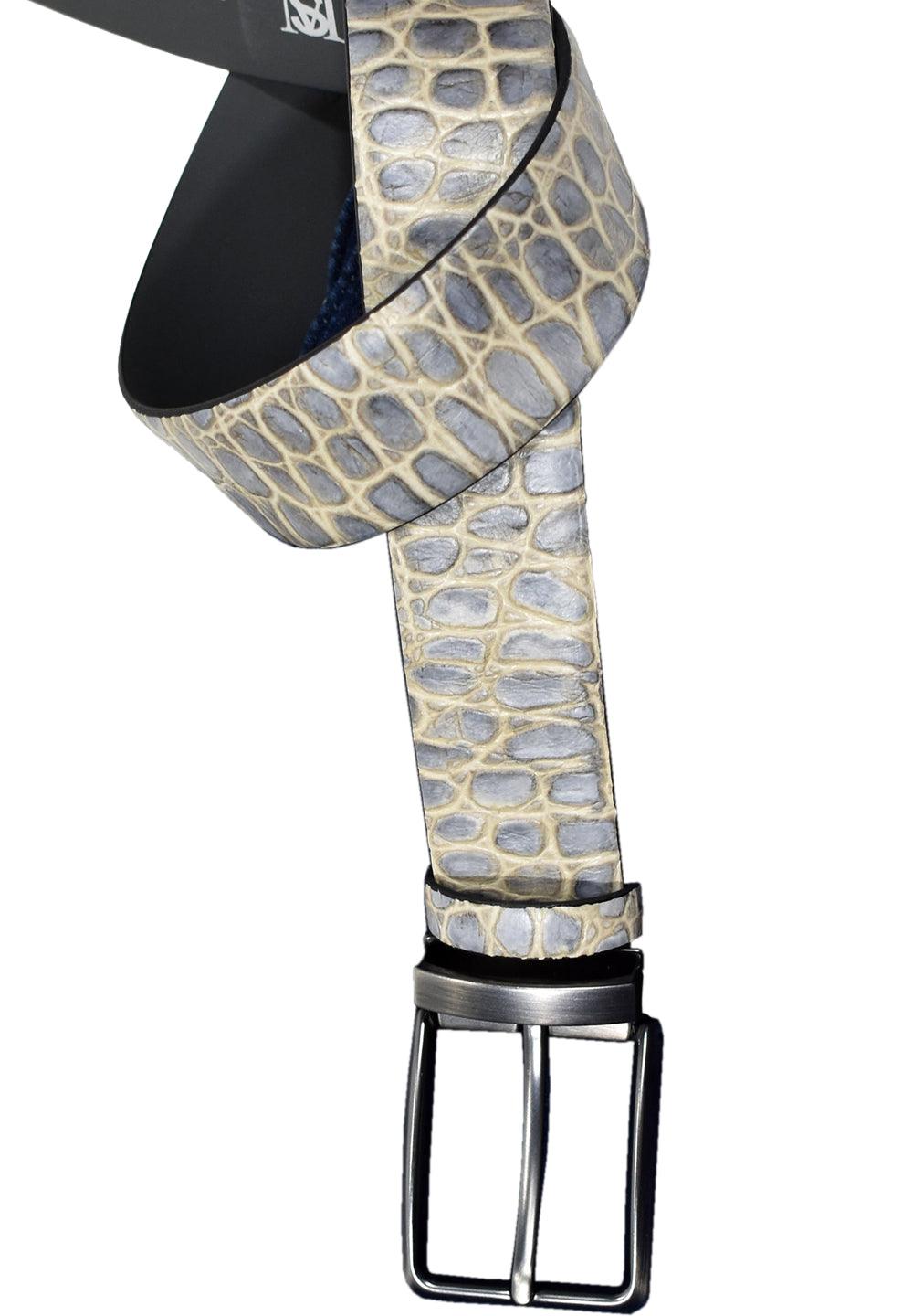 Imagine how good you will look in your favorite jeans sporting this soft, stamped leather belt.  Soft leather strap. Brushed nickel buckle. Classic gator pattern stamped on leather. Sizes 32-44 Belt by Marcello Sport