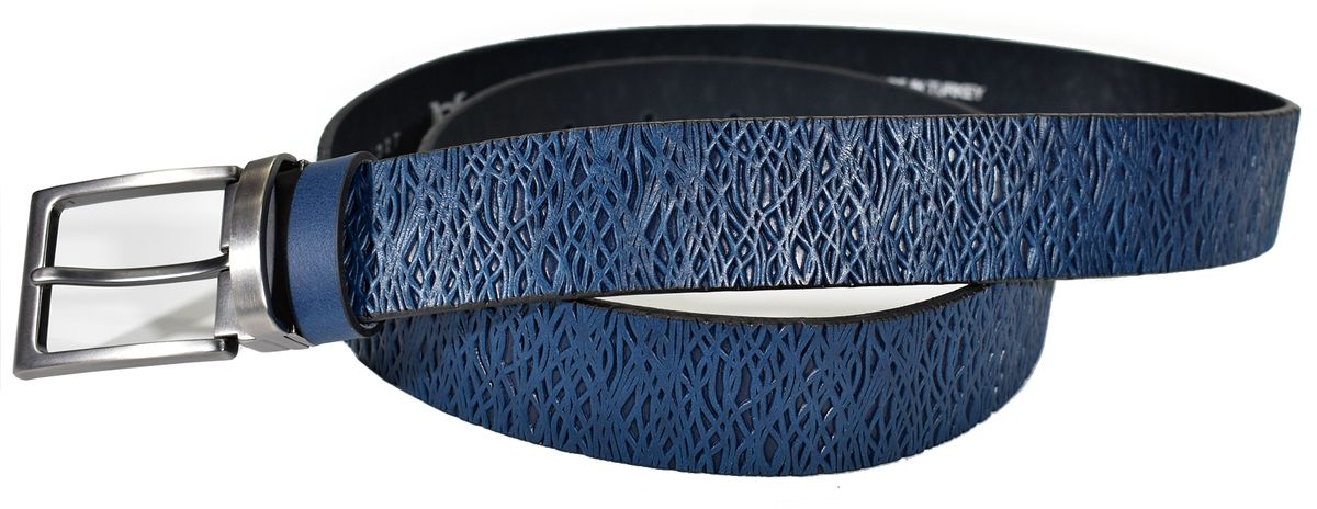 Marcello soft leather belt, uniquely stamped to look like an abstract weave, is subtle yet very stylish. Brushed nickel buckle. Sizes 32 -40 Colors: Brown or Indigo