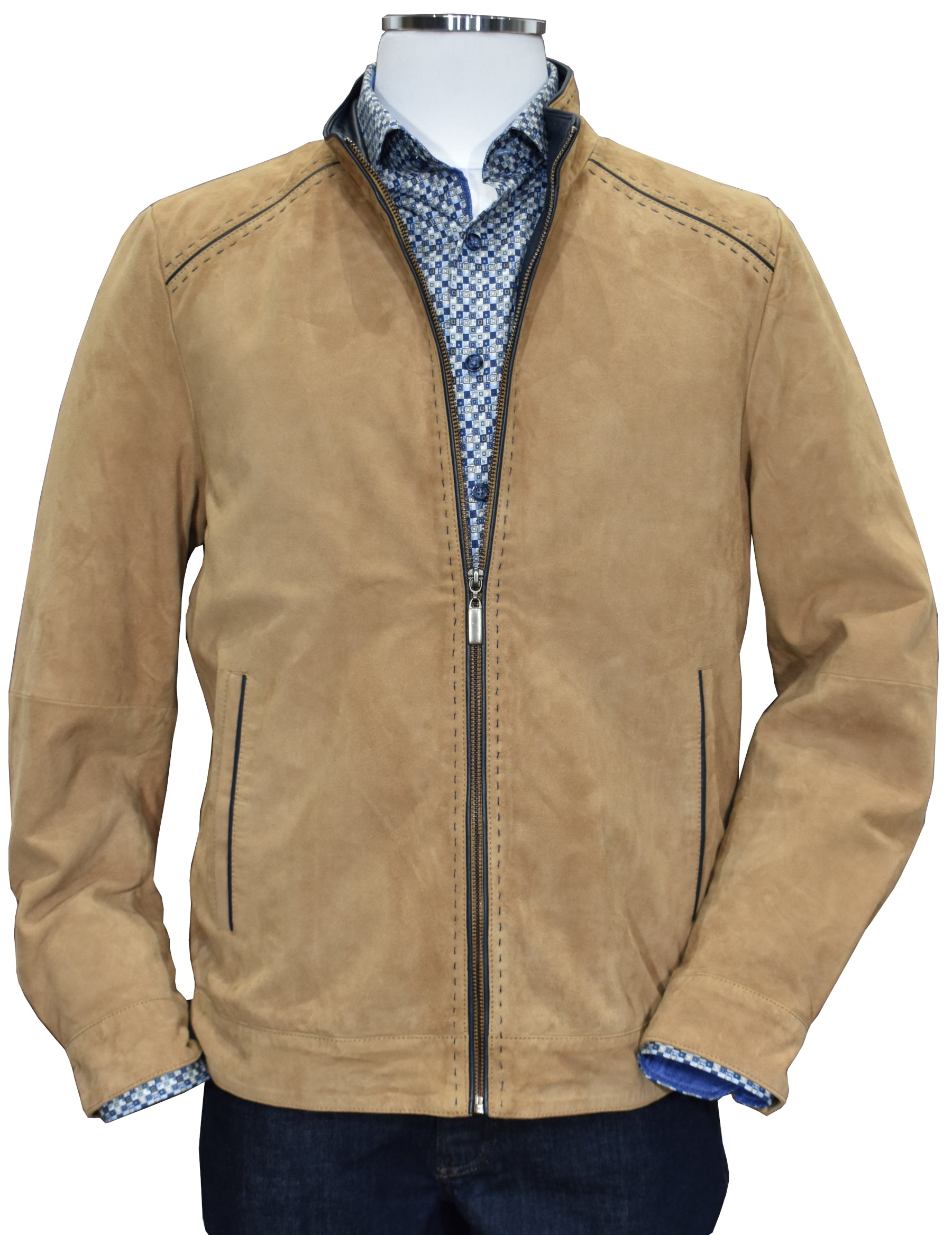 Soft and elegant suede with contrast leather trim along the zipper, shoulders, pockets and inside the neck band, which is further enhanced with thick matching stitchwork. Details are both front and back for an exceptional look that is exclusive to the Marcello collection.