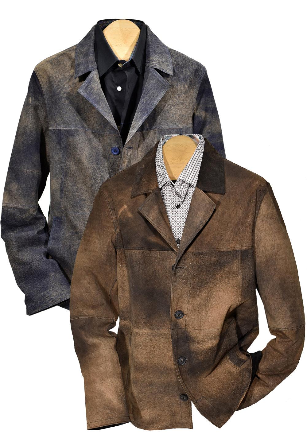 Create an outstanding look with this lightweight, hip length sport coat model leather that is not lumped in with basic coats. Featuring a washed, vintage shaded effect with a sueded feel to the outer leather. Smooth leather inside, not lined for a truly feather weight leather. This sport coat model is best suited for a slim to medium build. Nappa leather.