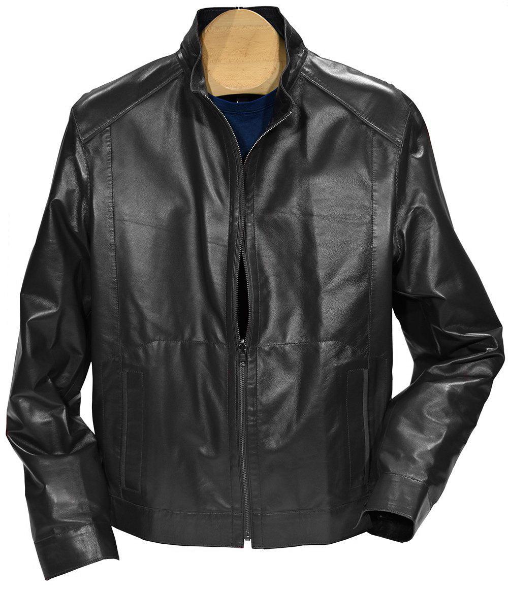 Our newest model is outstanding!  The exclusive light weight and soft nappa leather is perfect and coupled with a water resistant microfiber creates a must have jacket.    Leather to Microfiber Reversible Jacket  Smooth exclusive nappa leather outer. Reversible to microfiber, which is trimmed in leather. Straight cut is a fit perfect for a slender or moderate build. Traditional side slash pockets. Colors are black, indigo and dark red.  All reverse to navy microfiber. Imported.
