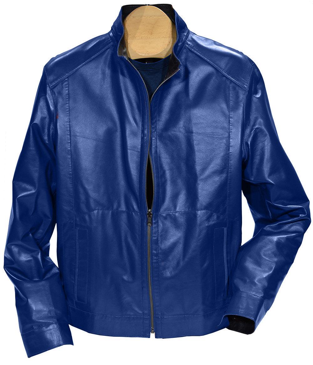 Our newest model is outstanding!  The exclusive light weight and soft nappa leather is perfect and coupled with a water resistant microfiber creates a must have jacket.    Leather to Microfiber Reversible Jacket  Smooth exclusive nappa leather outer. Reversible to microfiber, which is trimmed in leather. Straight cut is a fit perfect for a slender or moderate build. Traditional side slash pockets. Colors are black, indigo and dark red.  All reverse to navy microfiber. Imported.