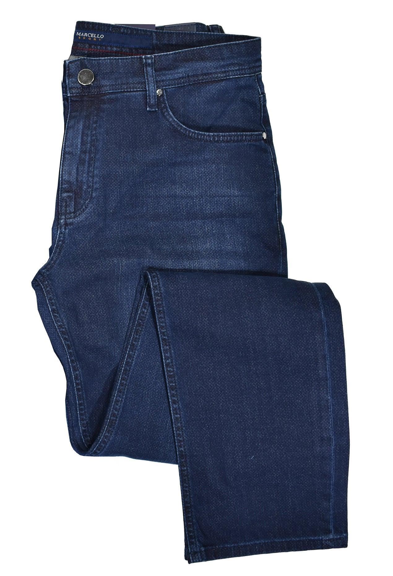 Marcello Comfort Mens Navy Jeans Lightweight and soft denim with a little stretch. Slight texture to jean, minimal grain or wash effect. Classic fit with a slightly tapered leg for an updated look. Medium rise. Enhanced stitching and fashion lining. All 33 length.