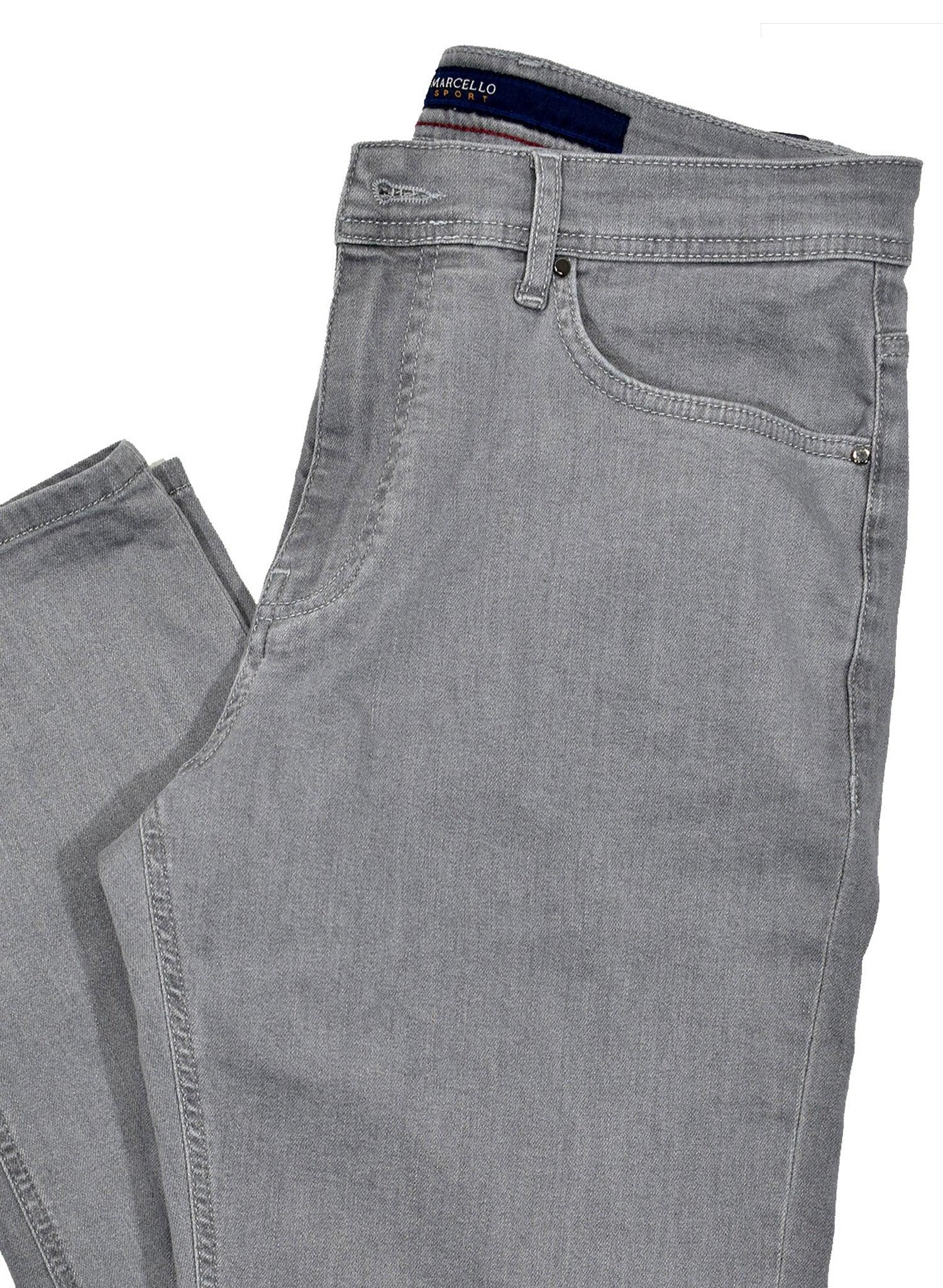 Marcello’s best fitting lightweight washed denim. Feels and looks great! Our comfort fit from the waist band down to the thighs, then tapering the leg to the bottom provides the best of both worlds. Comfort where you need it and updated fashion sporting a slimmed leg. Add the benefit of stretch to work with your natural movements and you have found an excellent jean that will become your go to jean of choice. Marcello Sport Mens Grey Denim Jeans
