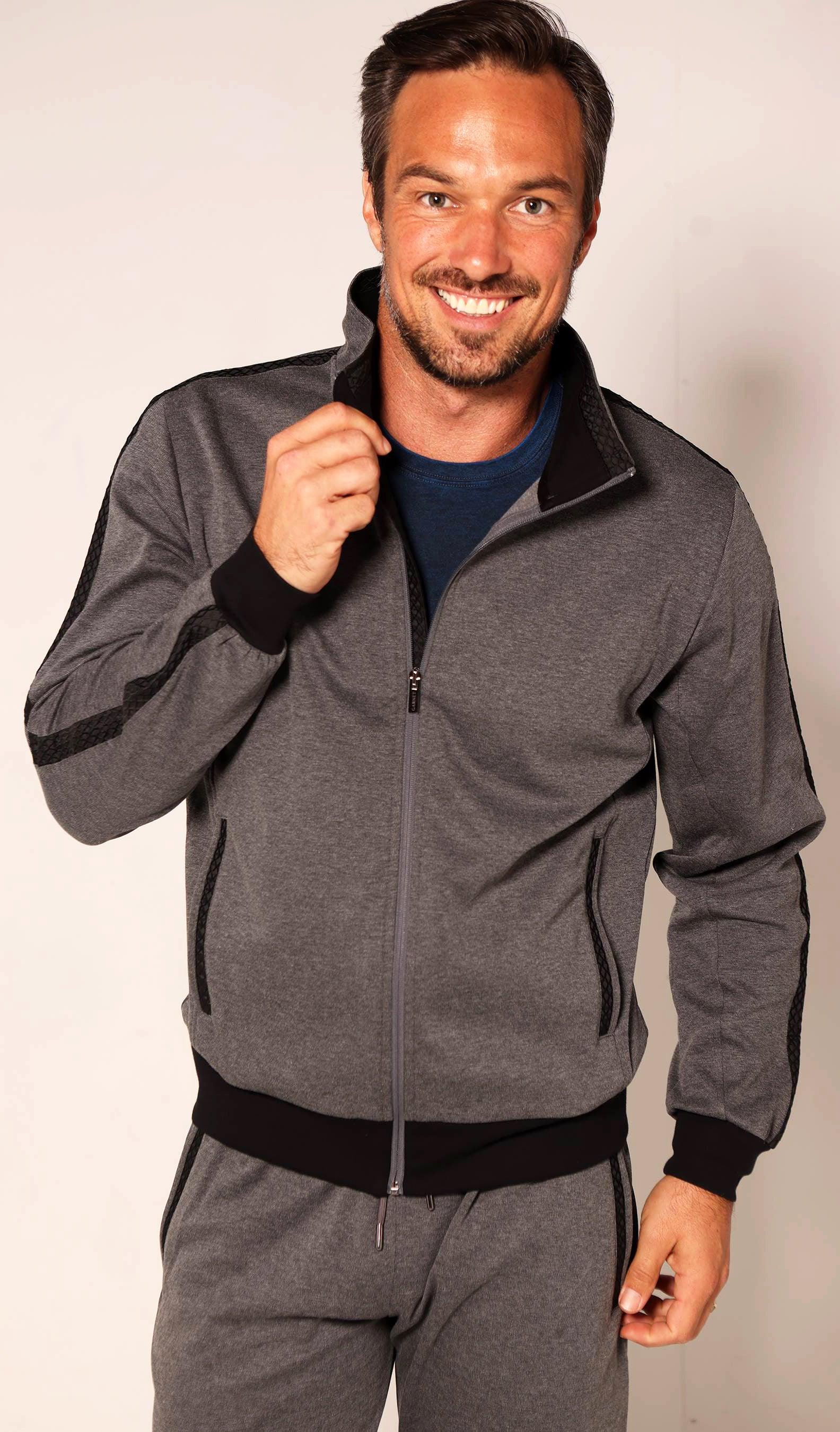 Imagine your look in this contemporary styled leisure set from Marcello Sport. Clean updated details give way to the tread textured accent detailing.