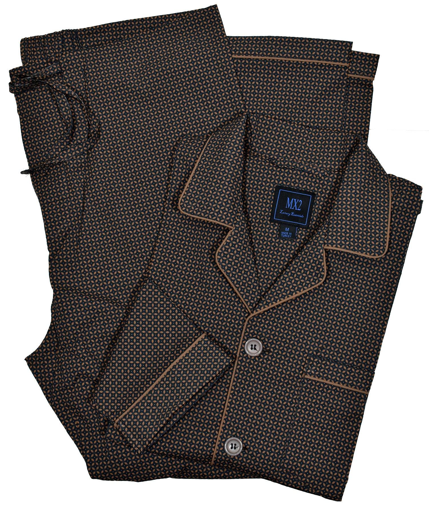 Soft cotton with lycra stretch. Updated traditional pattern. Classic coat top with pocket, button closure and edge piping. Classic draw string pant with a touch of elastic for comfort. Classic fit. By Marcello Sport