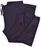 Soft cotton with lycra stretch. Black with wine accents. Updated traditional pattern. Classic coat top with pocket, button closure and edge piping. Classic draw string pant with a touch of elastic for comfort. Classic fit.  By Marcello Sport