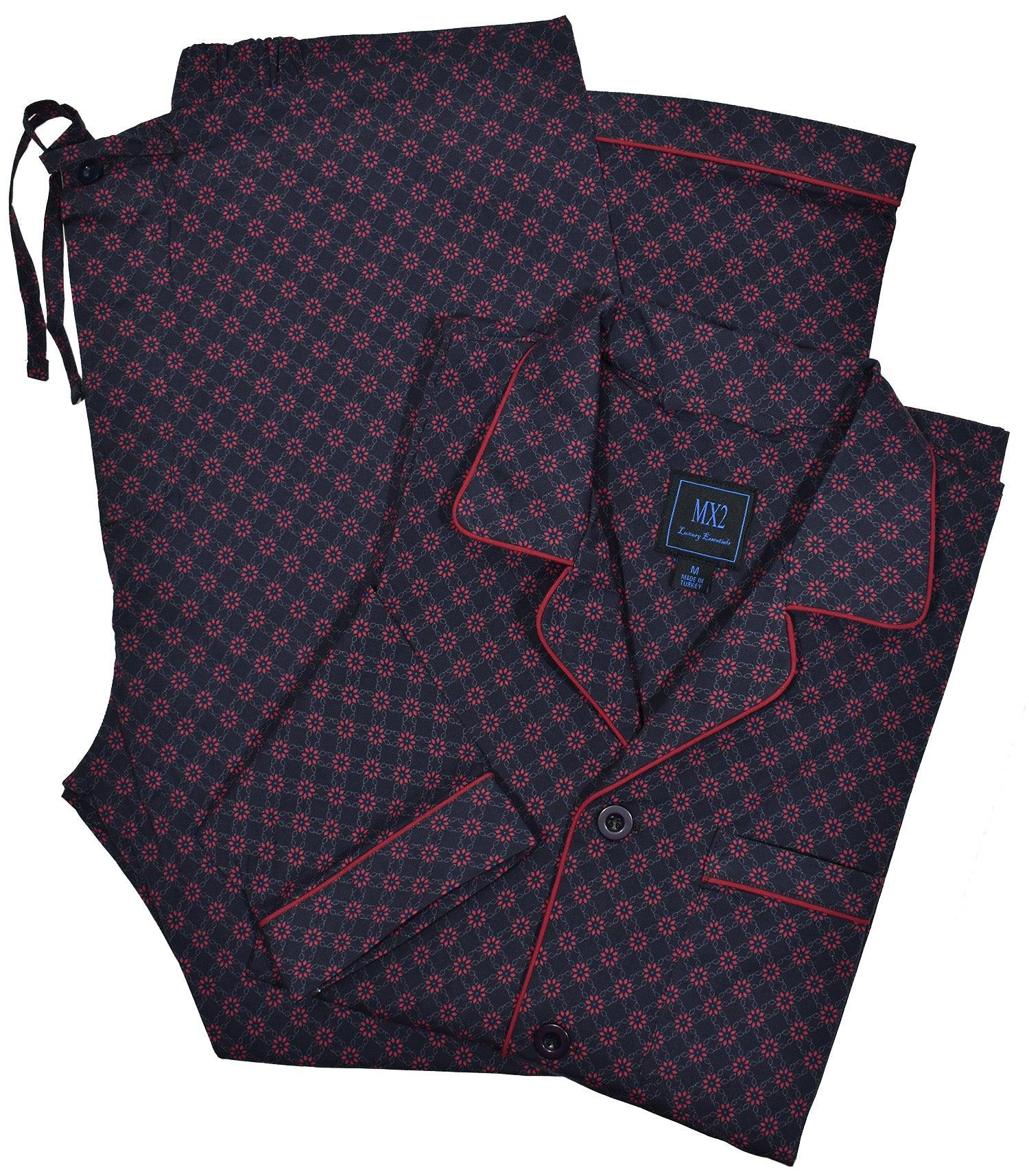 Soft cotton with lycra stretch. Black with wine accents. Updated traditional pattern. Classic coat top with pocket, button closure and edge piping. Classic draw string pant with a touch of elastic for comfort. Classic fit.  By Marcello Sport