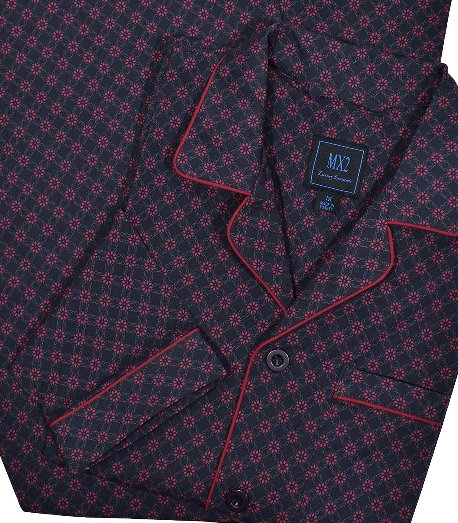 Our exclusive men's pajamas are made with extra fine cotton and a touch of lycra for stretch to move with your body's natural movements.  The result is a soft and  comfortable pajama that will quickly become the best ones in your closet.  Soft cotton with lycra stretch. Black with wine accents. Updated traditional pattern.