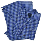 Soft cotton woven fabric. Traditional fashion pattern. Medium blue plaid with soft grey and charcoal. Classic coat top with pocket, button closure and edge piping. Classic draw string pant with a touch of elastic for comfort. Classic fit.  By Marcello Sport