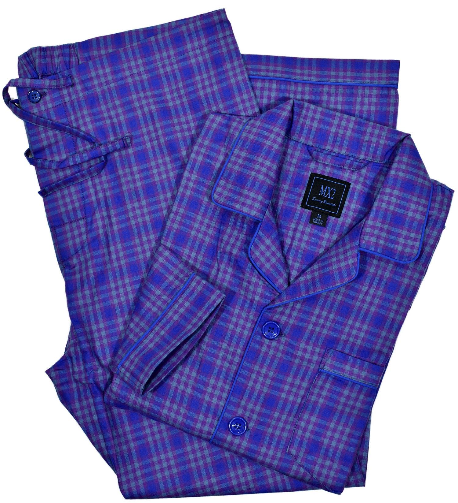 Soft cotton woven fabric. Traditional fashion pattern. Blue and plum coloration. Classic coat top with pocket, button closure and edge piping. Classic draw string pant with a touch of elastic for comfort. Classic fit.  By Marcello Sport