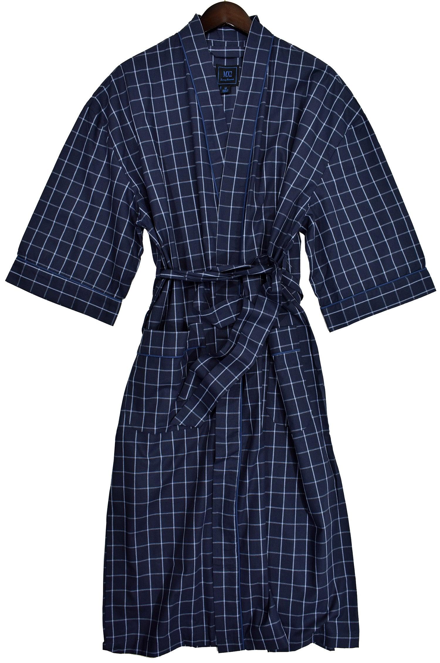 Soft woven cotton fabric. Updated traditional window pane pattern. True navy with soft grey windowpane. Classic front cargo pockets. Classic draw string at waist line. Kimono sizing, one size fits all.  By Marcello Sport