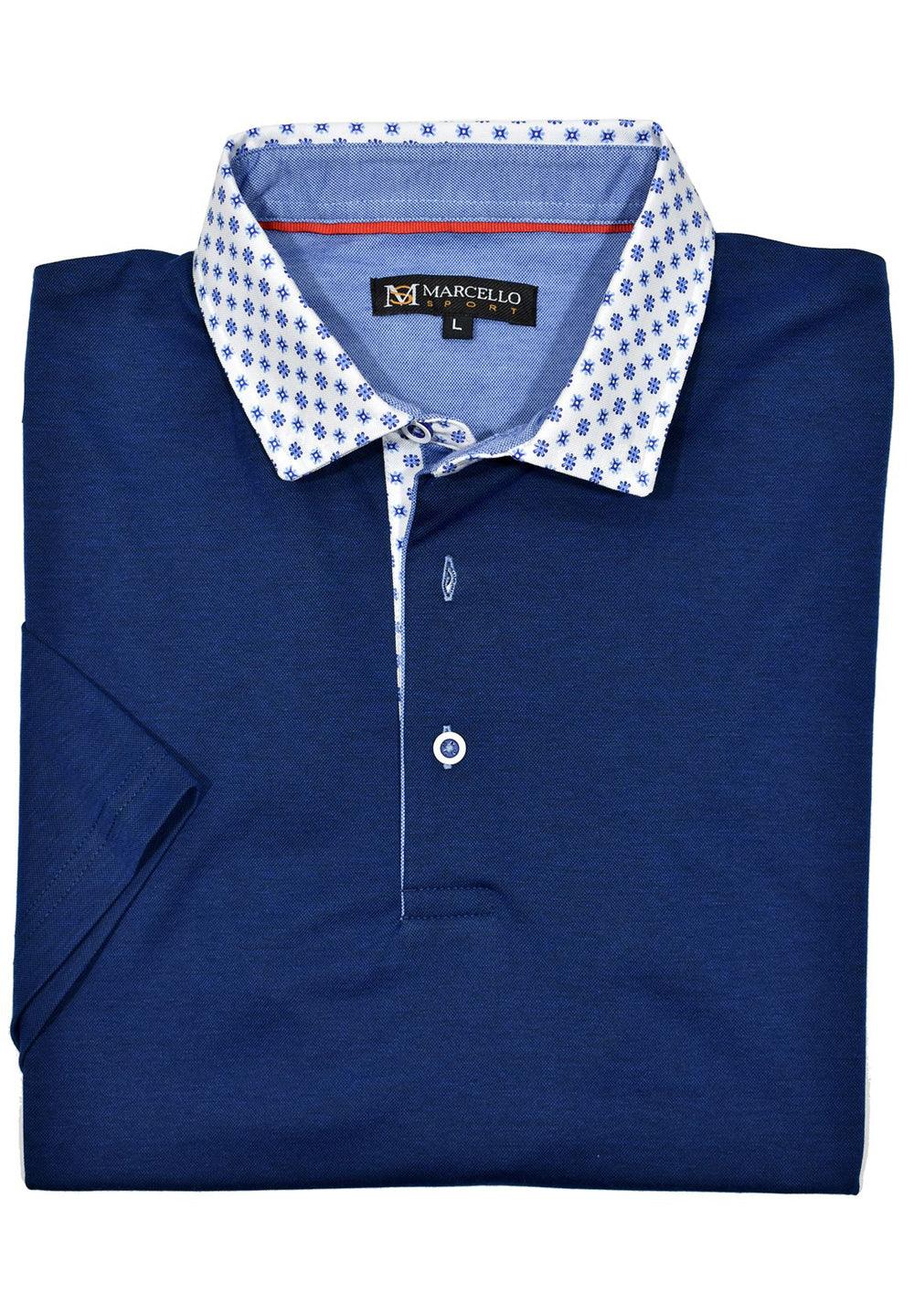 Our newest polo will add a fresh look to your Spring/Summer wardrobe.  As we all get back to normal, these polos will define a new spirit, update your style and image.  Premium cotton fabric with lycra for comfort and complimentary printed collar fabric, custom buttons and piping make these polos a must have.  Modern fit.    Marcello Signature Collar Sport Polo - Indigo Navy