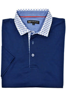 Our newest polo will add a fresh look to your Spring/Summer wardrobe.  As we all get back to normal, these polos will define a new spirit, update your style and image.  Premium cotton fabric with lycra for comfort and complimentary printed collar fabric, custom buttons and piping make these polos a must have.  Modern fit.    Marcello Signature Collar Sport Polo - Indigo Navy