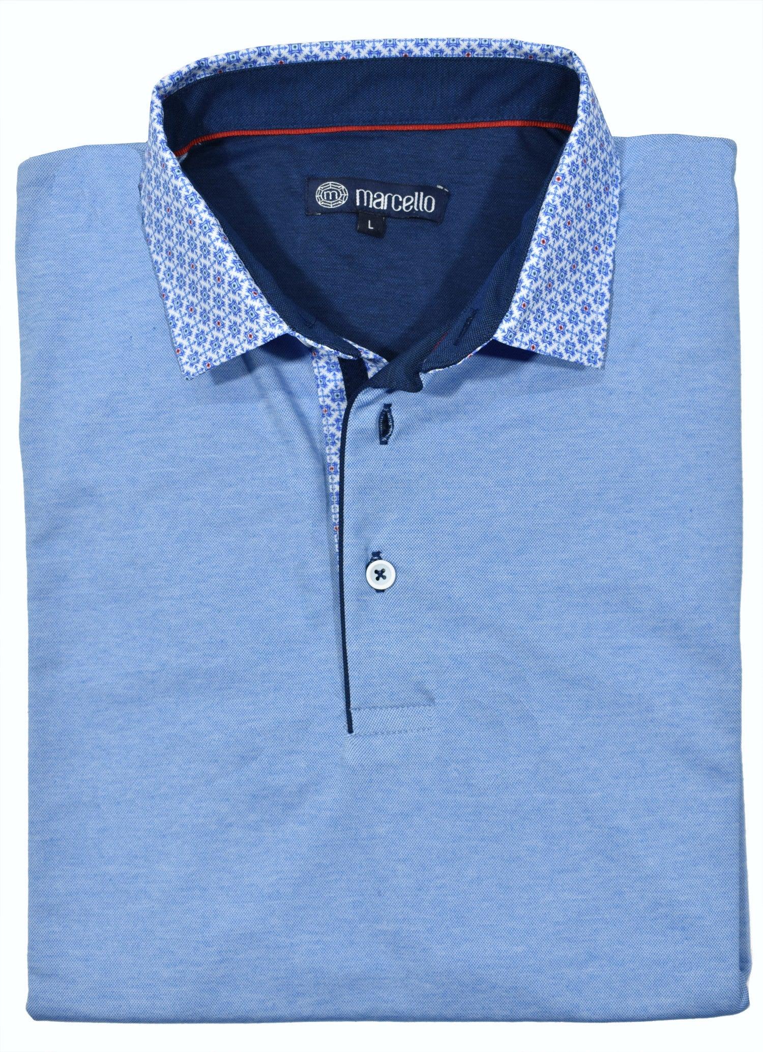 Marcello Signature Collar Sport Polo - Sky  Luxurious soft hand feeling fabric, single mercerized for an enhanced look and feel.  Collar detailing with contrast fabric taping. Cotton with a little lycra for stretch and comfort. Open bottom with side slits and enhanced details. Modern fit, perfect for a medium build.