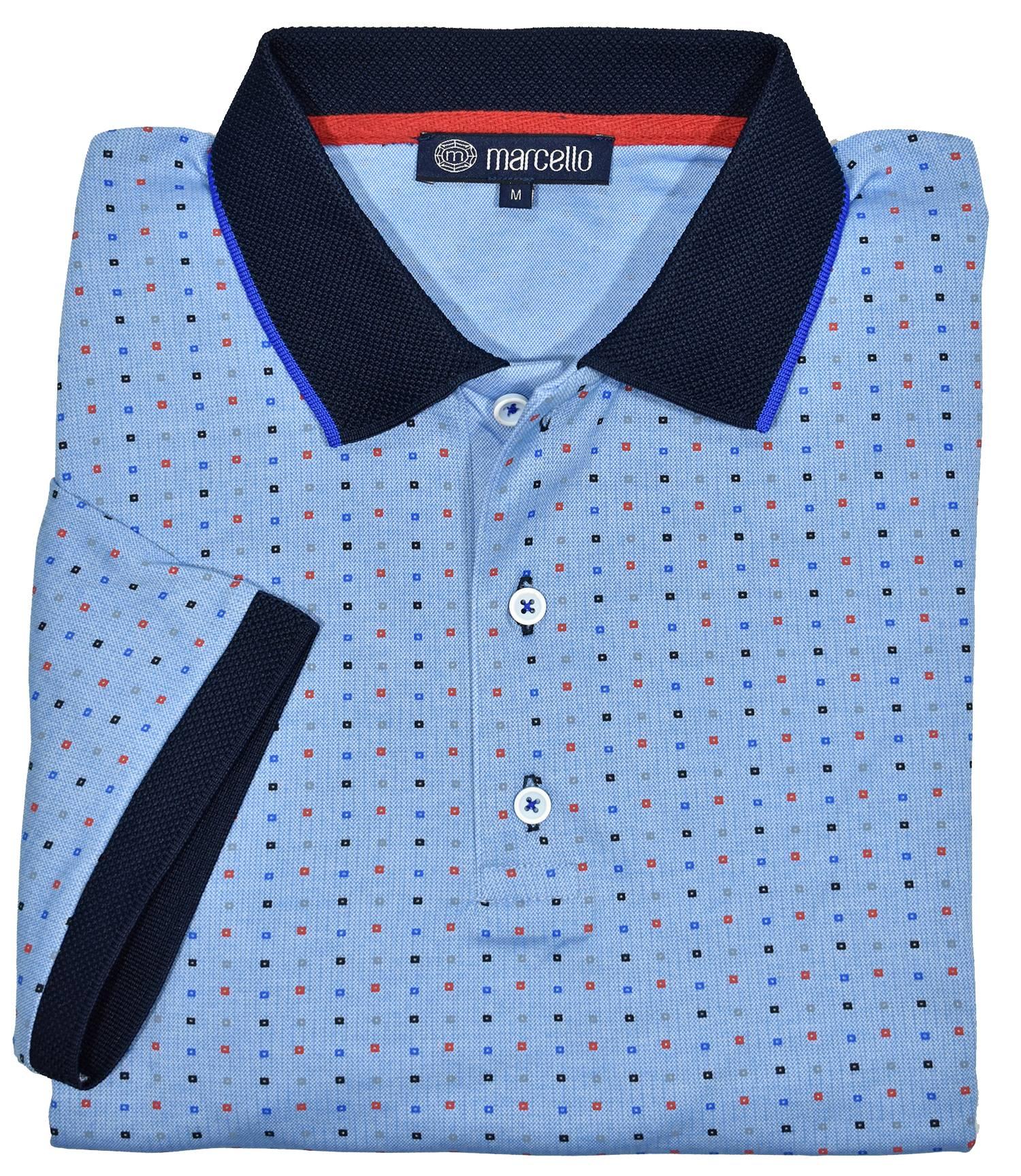 Ultra soft mercerized cotton is the ultimate in comfort and style.  Ultimate cotton fabric. Updated traditional printed pattern. Trend collar with contrast detailing. Custom buttons. Modern fit. Polo by Marcello Sport