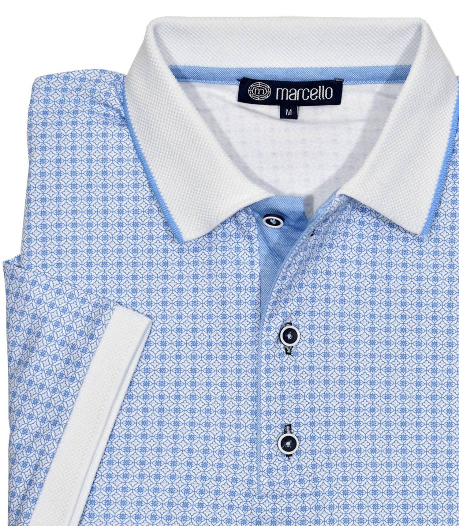 Ultra soft mercerized cotton is the ultimate in comfort and style. Ultimate cotton fabric. Updated traditional printed pattern. Trend collar with contrast detailing. Custom buttons. Modern fit. Polo by Marcello Sport