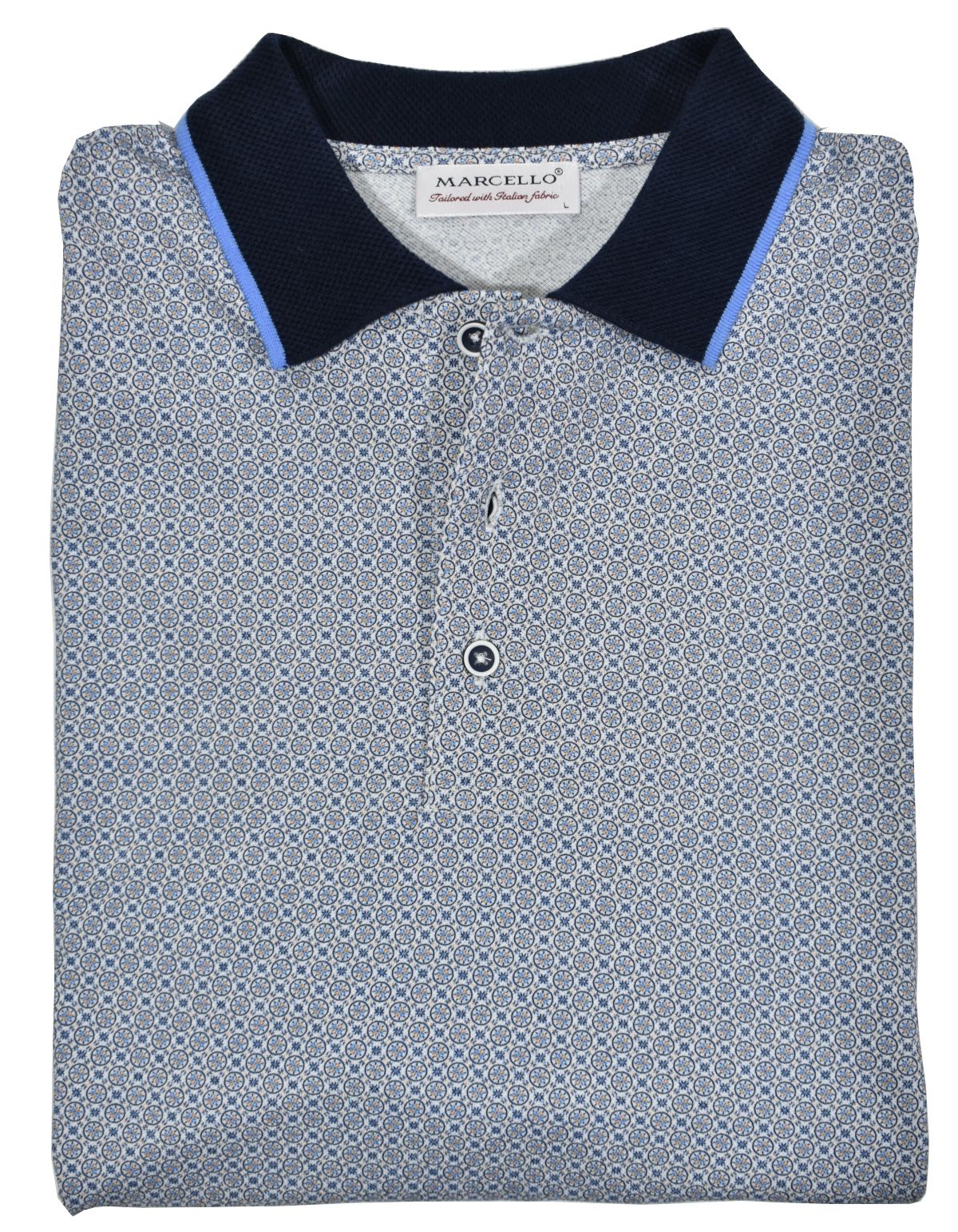 A classic white polo with a neatly printed blue shaded medallion pattern creates a traditional look coupled with a casual or dress image.  Soft, rich cotton fabric with a fine pique finish.  Matched collar and hand selected buttons.  Classic fit.