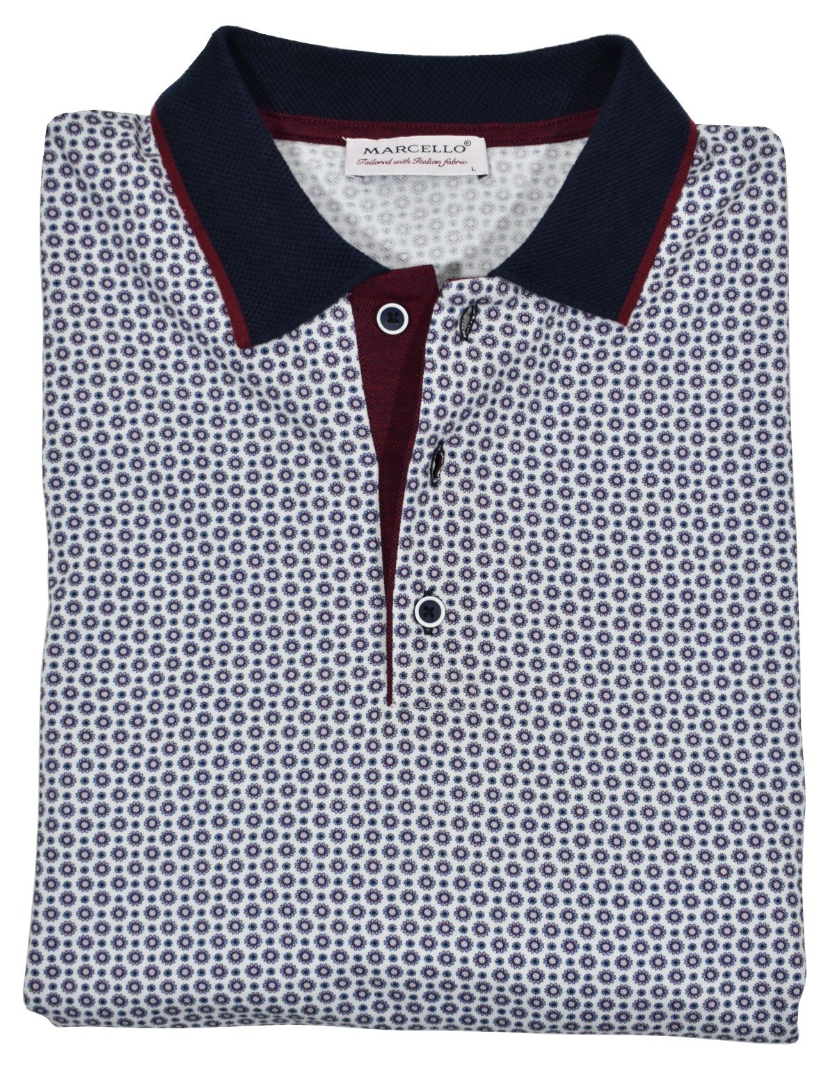 A classic white polo with a crisp printed gray and black medallion pattern creates a unique fashion look coupled with a casual or dress image.  Finely knitted pique cotton fabric.  Matched collar, contrast fabric under the buttons and hand selected buttons.  Classic fit.