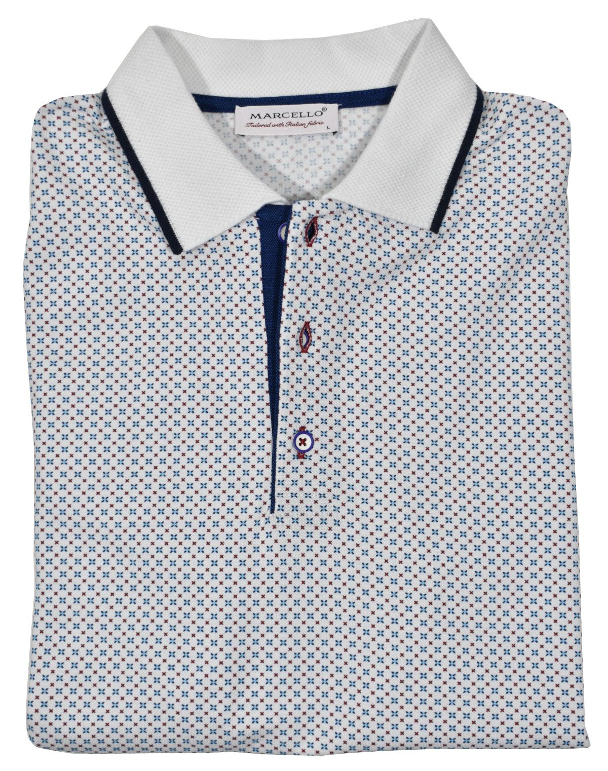 Soft, white, cotton pique fabric sporting a fine small geometric medallion in blue, teal and white colors, that creates a sophisticated clean image perfect for any setting.  Clean collar tipped in contrast color, custom buttons and contrast color fabric along the buttons.  Classic fit.