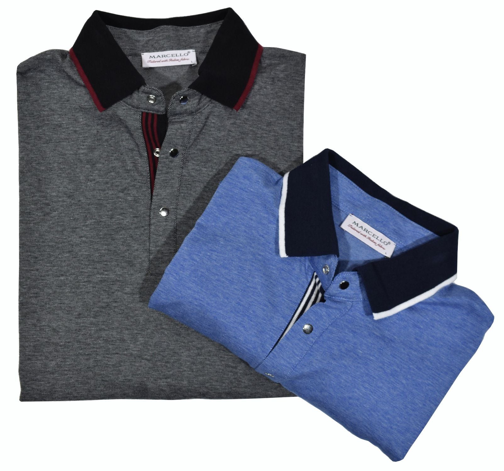The rich, clean look of royal oxford cotton fabric in a dressy model featuring a contrast collar, trendy snaps and striped accent fabric.  The royal oxford fabric finely mixes two colored yarns.  Classic fit.   Colors: Charcoal or Blue