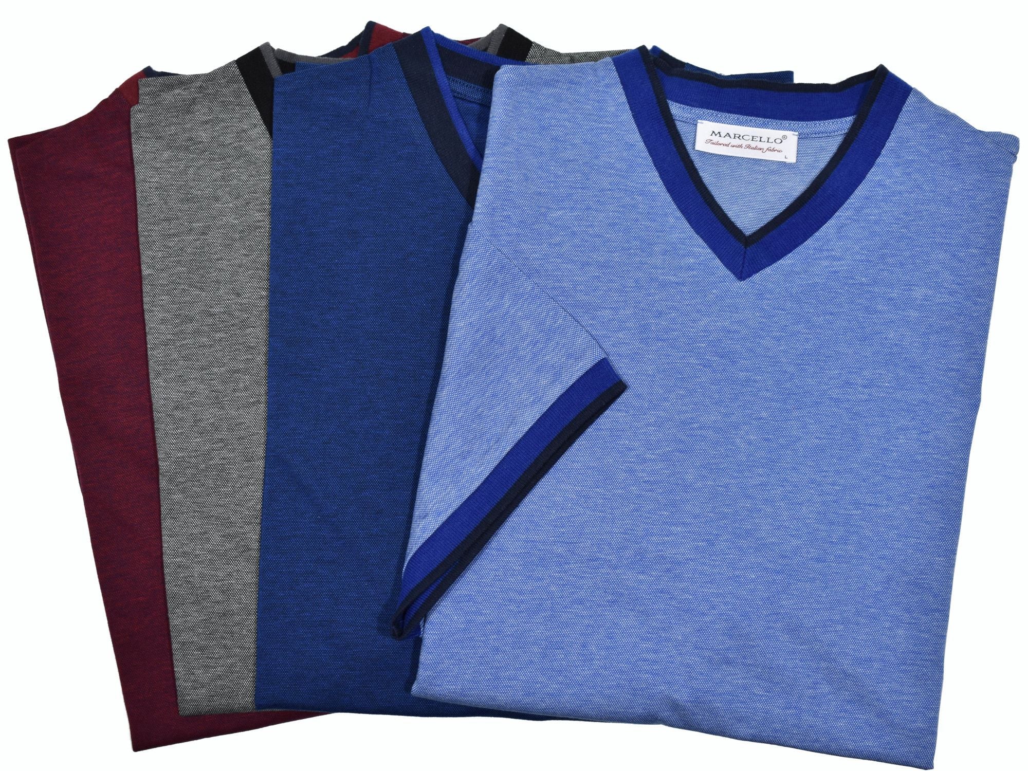 Cotton rich, royal oxford fabric always feels good and looks perfect. The v neck model is contemporary in nature with a high v silhouette and two color contrast fabric. Contrast edge fabric adds a sporty image to a classic v neck model. Classic fit. Colors: Wine, Charcoal Indigo, Sky