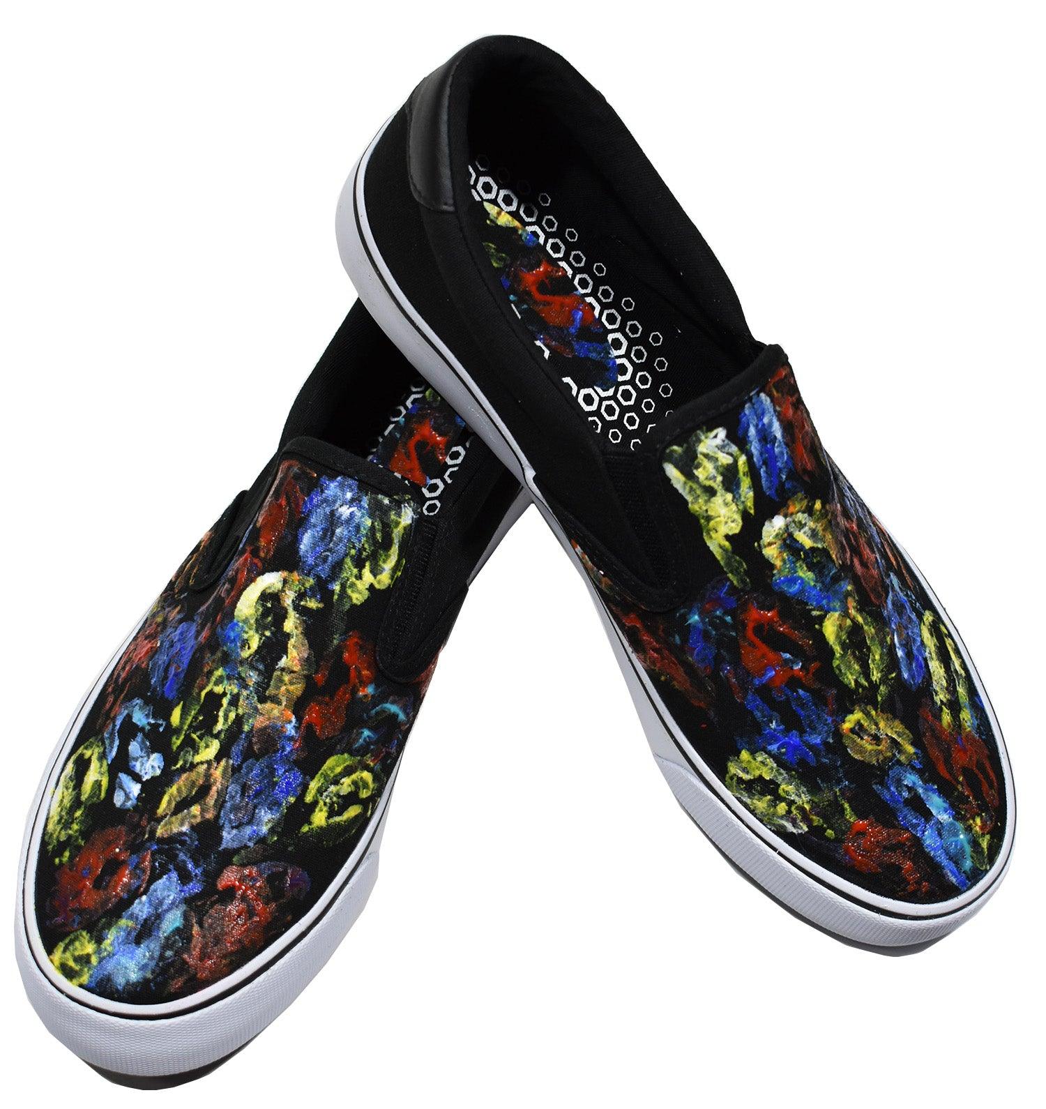 Accentuate your image with cool hand painted canvas slip on shoes. The distinguished look will certainly get compliments. The unique painted canvas is hand painted one by one with no two exact. Exclusively at Marcello Sport.