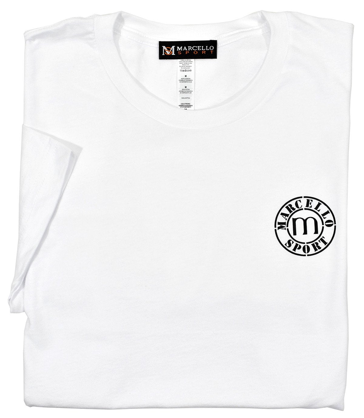 Marcello Sport Logo Tee  100% soft cotton, preshrunk. Ultra soft cotton feel. Contemporary fit, we suggest ordering one size up if between sizes or prefer a looser fit. Machine wash and dry.