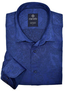 A cool navy shirt sporting a tone on tone paisley pattern will never go out of style and is a must have for any wardrobe.  Cotton fabric. Tonal paisley pattern updates the image. Blue piping details and cuff trim fabric. Contrast stitching and unique buttons. Medium collar. Classic shaped fit.