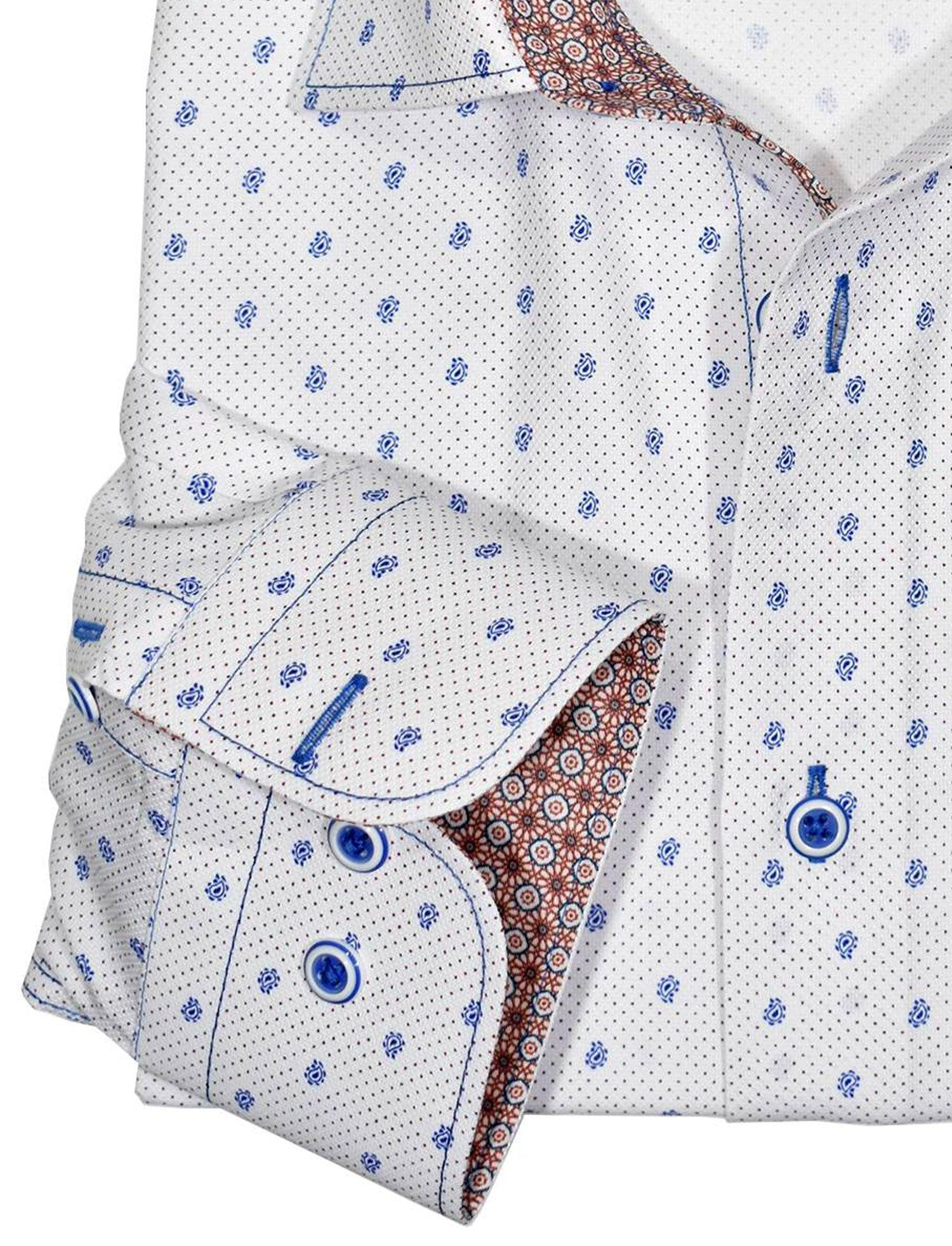 Premium cotton with lycra stretch. Medium spread collar for a contemporary look. Contrast stitch detailing adds style. Our exclusive two button cuff system creates the perfect turn up cuffs. Modern fit is best for a slim to medium build. Our model is 5'9" 160lbs and the MD is perfect.