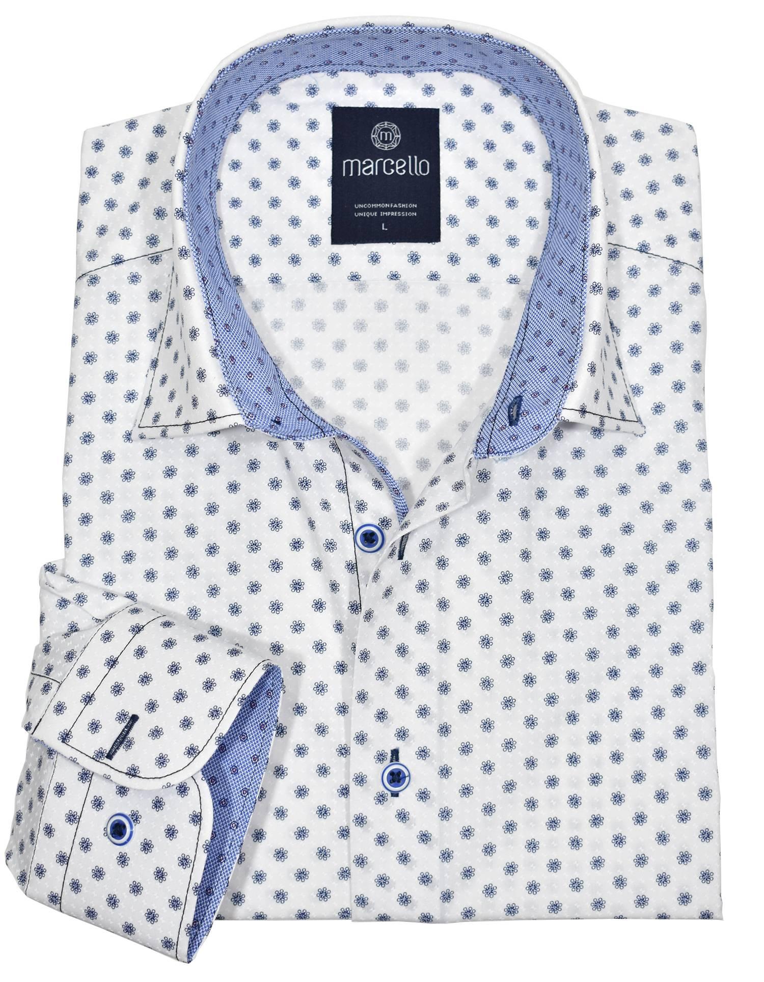Ultra soft cotton. Sophisticated dot jacquard in fabric. Contrast fashion stitch work. Custom selected buttons. 2 button signature cuffs. Classic shaped fit. Shirt by Marcello Sport