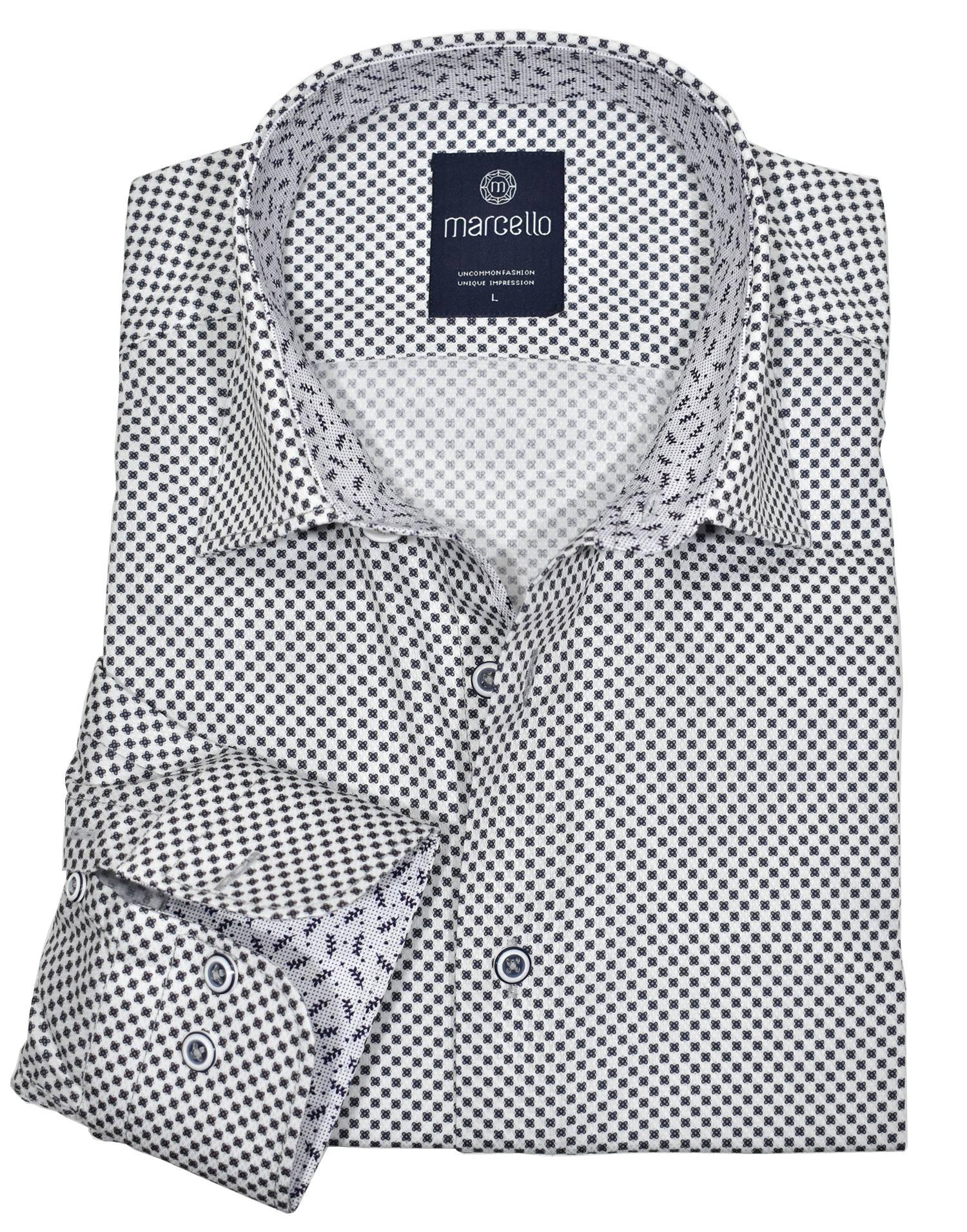 A crisp white shirt is a staple of any wardrobe. Add a wht/blk medallion pattern and contrast stitching for a unique fashion statement. Exclusive soft cotton fabric. Sophisticated tonal paisley pattern. Contrast fashion stitch work. Custom selected buttons. 2 button signature cuffs. Slim fit. Approximately 5'8" 150lbs is the perfect MD. Shirt by Marcello Sport.