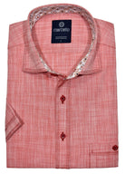Marcello Sport classic short sleeve cotton linen fabric is crafted to reduce wrinkling.  The shirt features our signature triple stitch detailing, matched buttons and complimentary trim fabrics.  Soft cotton blended fabric, woven to look like linen. Medium spread collar for a casual sport look. Trend chest pocket. Square bottom with side slit vents. Classic shaped fit for a slim to moderate build. Shirt by Marcello.