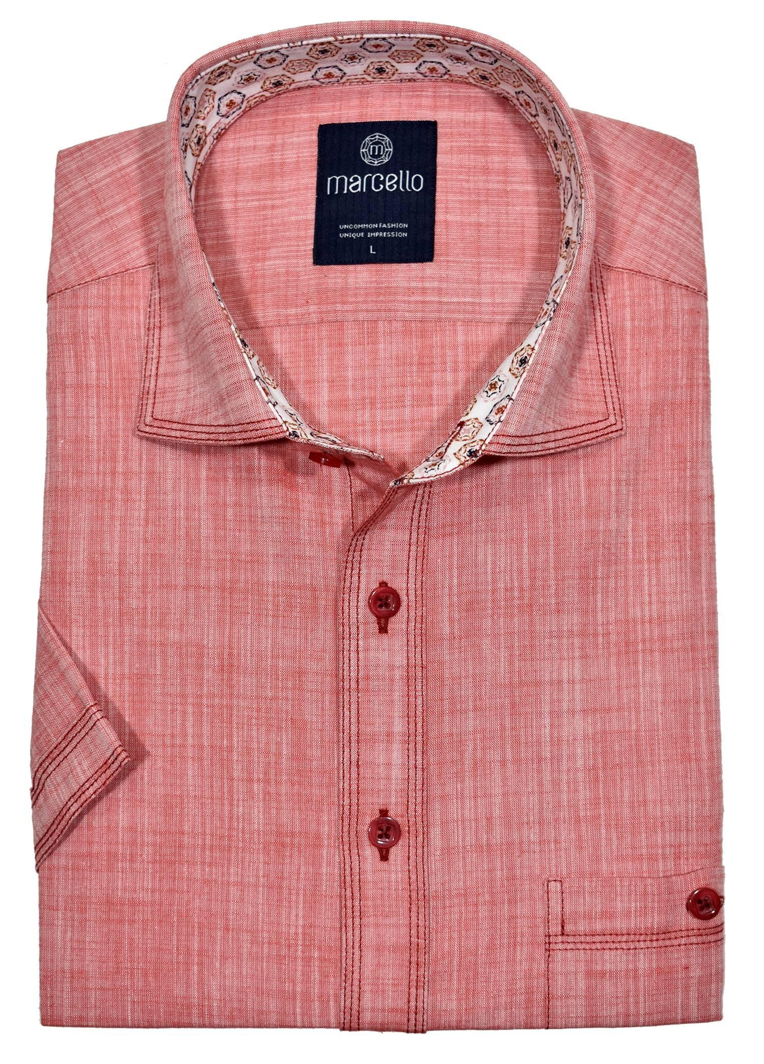 Marcello Sport classic short sleeve cotton linen fabric is crafted to reduce wrinkling.  The shirt features our signature triple stitch detailing, matched buttons and complimentary trim fabrics.  Soft cotton blended fabric, woven to look like linen. Medium spread collar for a casual sport look. Trend chest pocket. Square bottom with side slit vents. Classic shaped fit for a slim to moderate build. Shirt by Marcello.
