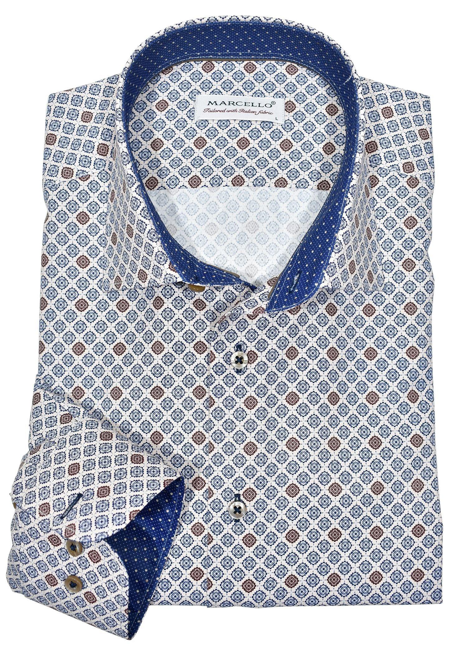 Accentuate you slim style with this updated traditional pattern in warm ecru with navy and mocha accent colors. Soft cotton fabric. Fashion contrast stitching. Custom selected buttons. Two button sleeve system for perfect cuff rollups. Slim fit. Shirt by Marcello Sport.