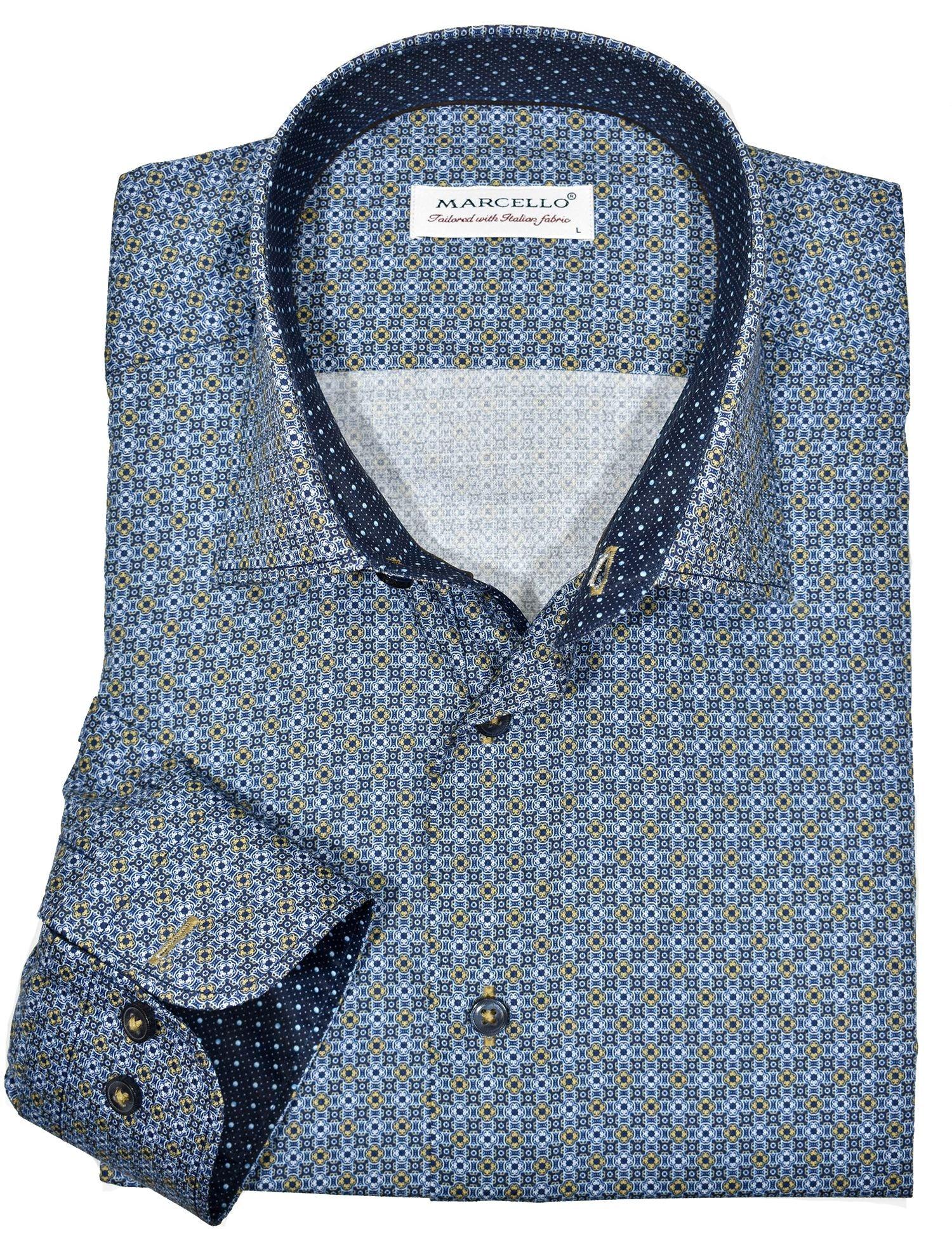 Accentuate your slim style with this updated traditional pattern in a sophisticated slate blue coloration with gold and navy accents. Soft cotton fabric. Fashion contrast stitching. Custom selected buttons. Two button sleeve system for perfect cuff rollups. Slim fit. Shirt by Marcello Sport.