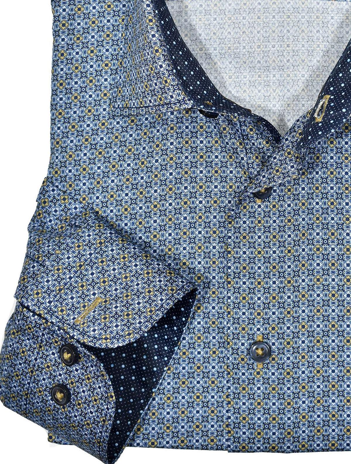 Accentuate your slim style with this updated traditional pattern in a sophisticated slate blue coloration with gold and navy accents. Soft cotton fabric. Fashion contrast stitching. Custom selected buttons. Two button sleeve system for perfect cuff rollups. Slim fit. Shirt by Marcello Sport.